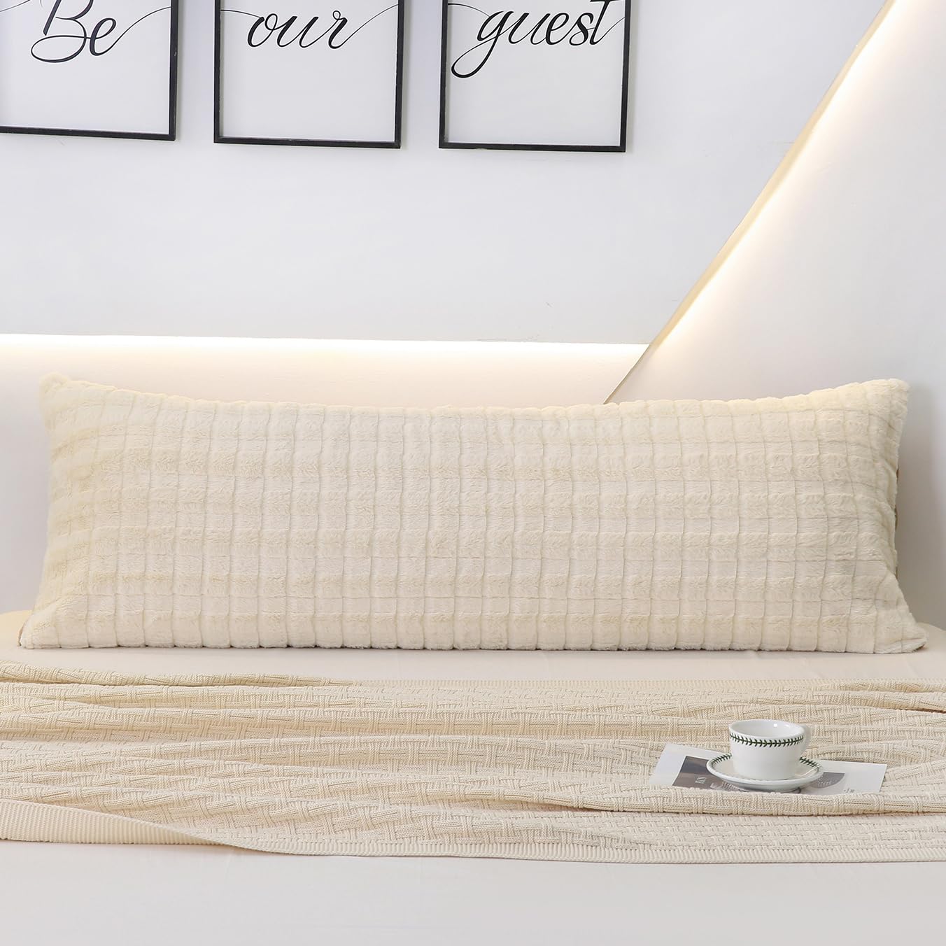 Merryword White Body Pillow Cover Faux Fur Body Pillow Cover 21 X 54in Deluxe Plush Decorative Bed Long Pillowcase for Couch Sofa Bedroom Livingroom