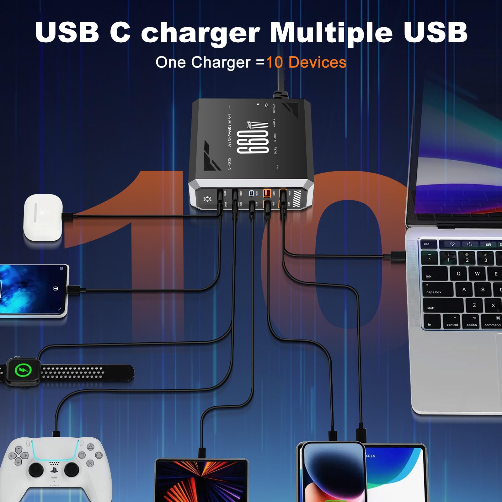 Caricatore USB C 660 W multiplo, stazione di ricarica rapida a 10 porte con 6 porte C + 4 porte A per MacBook Pro/Air, iPad/iPhone 15Pro/Samsung, ecc