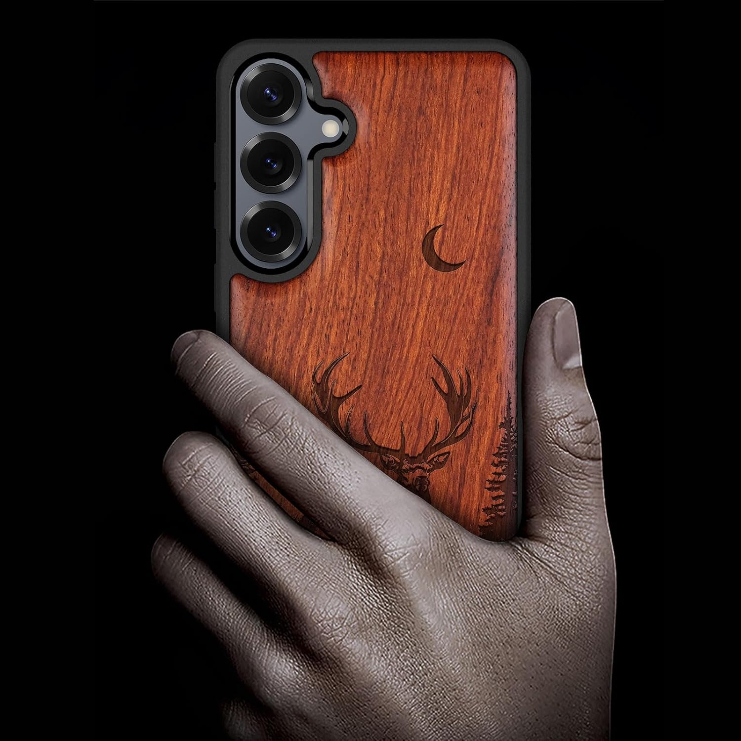 Carveit Magnetic Wooden Case for Samsung Galaxy S25 Case 2025, TPU Shockproof Cover & Wood Artisan Engraved, Compatible with MagSafe Wireless Chargers (Lunar Majesty Stag) Rosy