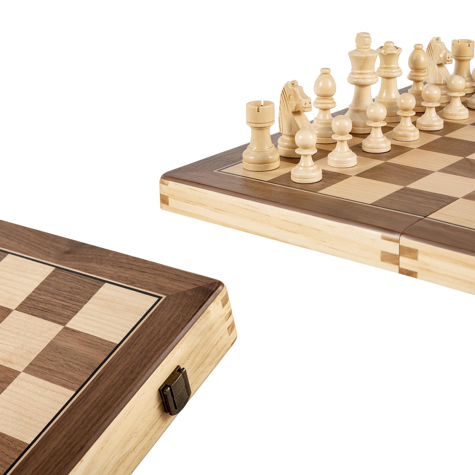 Schachspiel 38x38 cm Magnetisch Holz, Schachbrett Holz, 2-in-1 Schach & Dame, Reiseschach für Erwachsene und Kinder, Klappbares Schachspiel