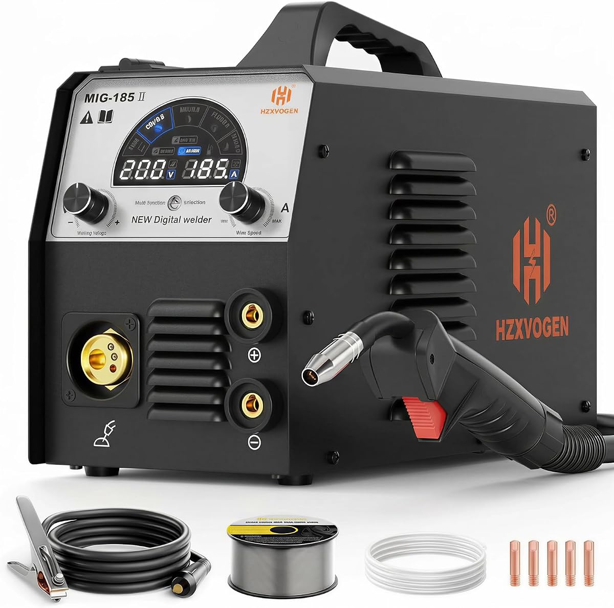 H HZXVOGEN 185A MIG Welder, 110V/220V Dual Voltage, 4-in-1 Gas MIG/Flux Core MIG/Lift TIG/Stick Welding Machine with Synergic Multiprocess Large LED Digital Display, IGBT Inverter