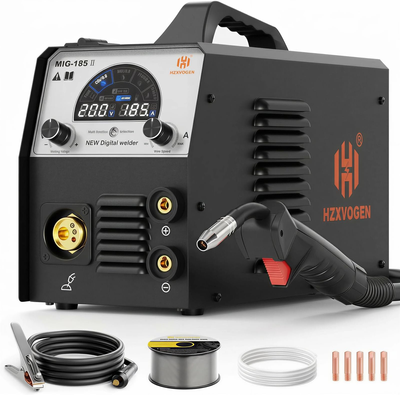H HZXVOGEN 185A MIG Welder, 110V/220V Dual Voltage, 4-in-1 Gas MIG/Flux Core MIG/Lift TIG/Stick Welding Machine with Synergic Multiprocess Large LED Digital Display, IGBT Inverter