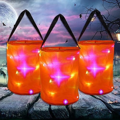 CCINEE 3 bolsas de dulces de Halloween con luz LED para niños, cubo multiusos de Halloween para dulces o trucos para fiesta de Halloween, bolsas de