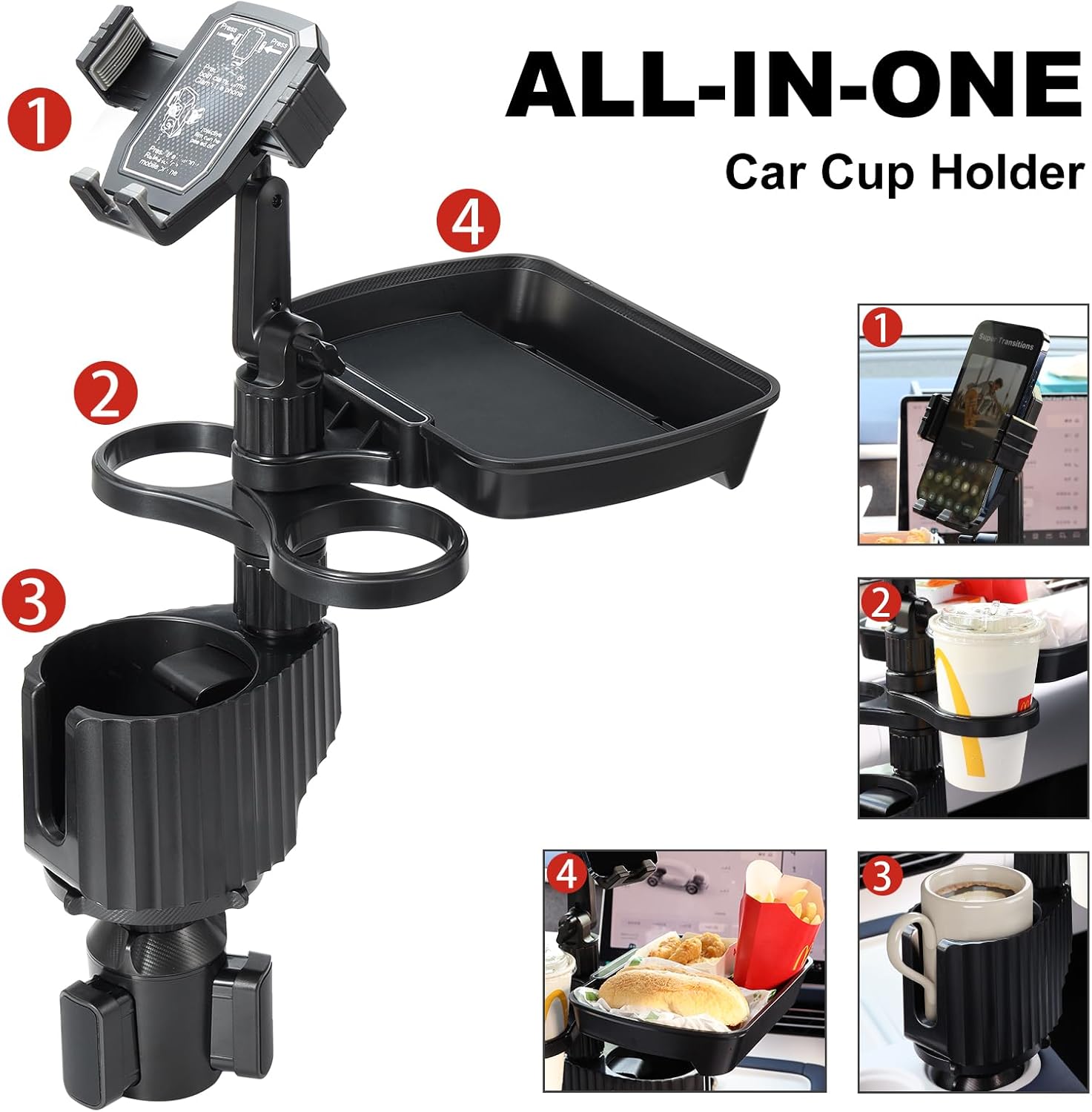 Car Large Cup Holder Expander, 5-in-1 Cupholder Extender with Phone Holder & Swivel and Detachable Snack Food Tray Table for Eating, Travel Essentials for Road Trips for Driver. Model C