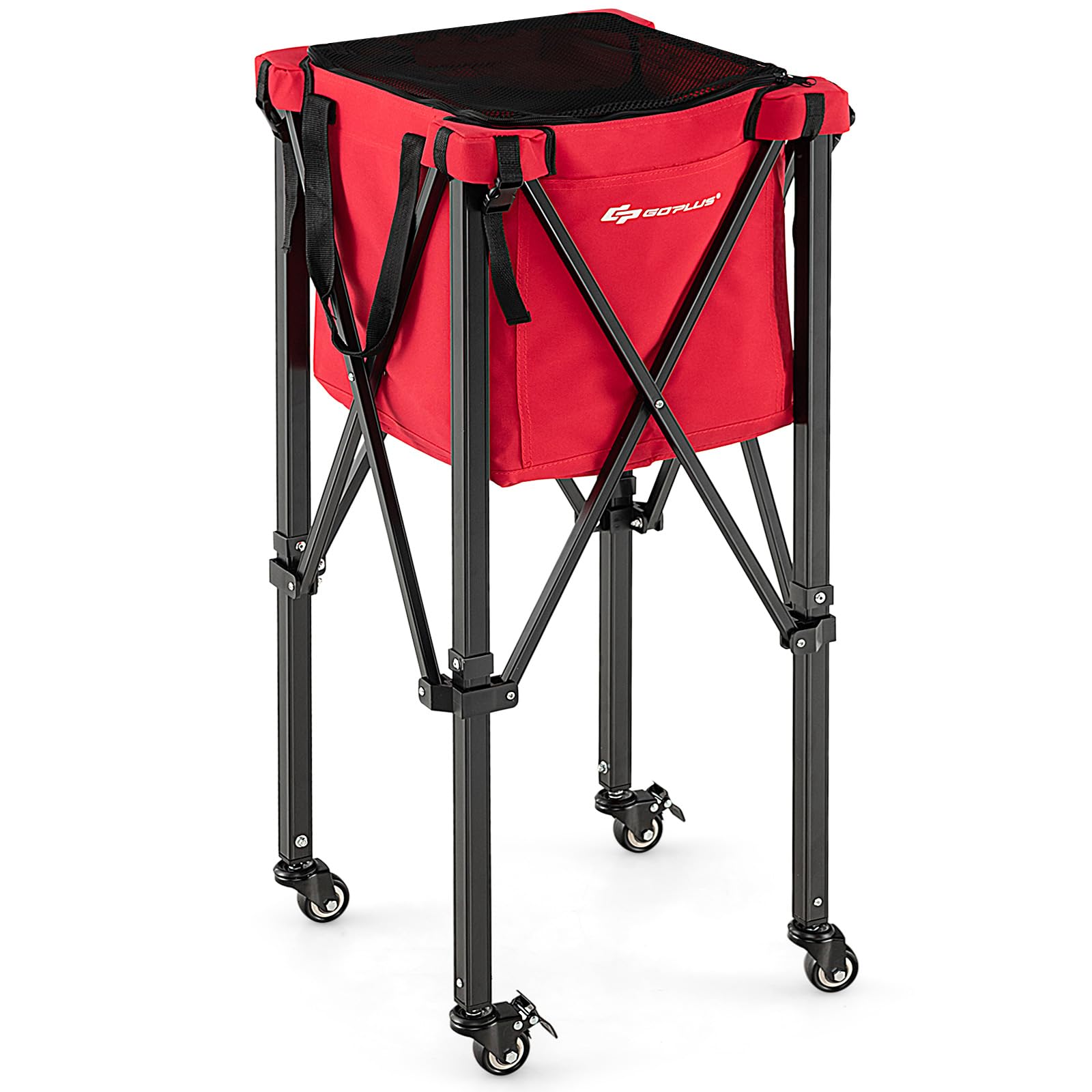 GYMAX Carrello Porta Palline da Tennis Pieghevole in Alluminio e Tessuto Oxford con Capacità di 150 Palline e Sacca Rimovibile, Carrello da Tennis con Ruote per Allenamento, Rosso