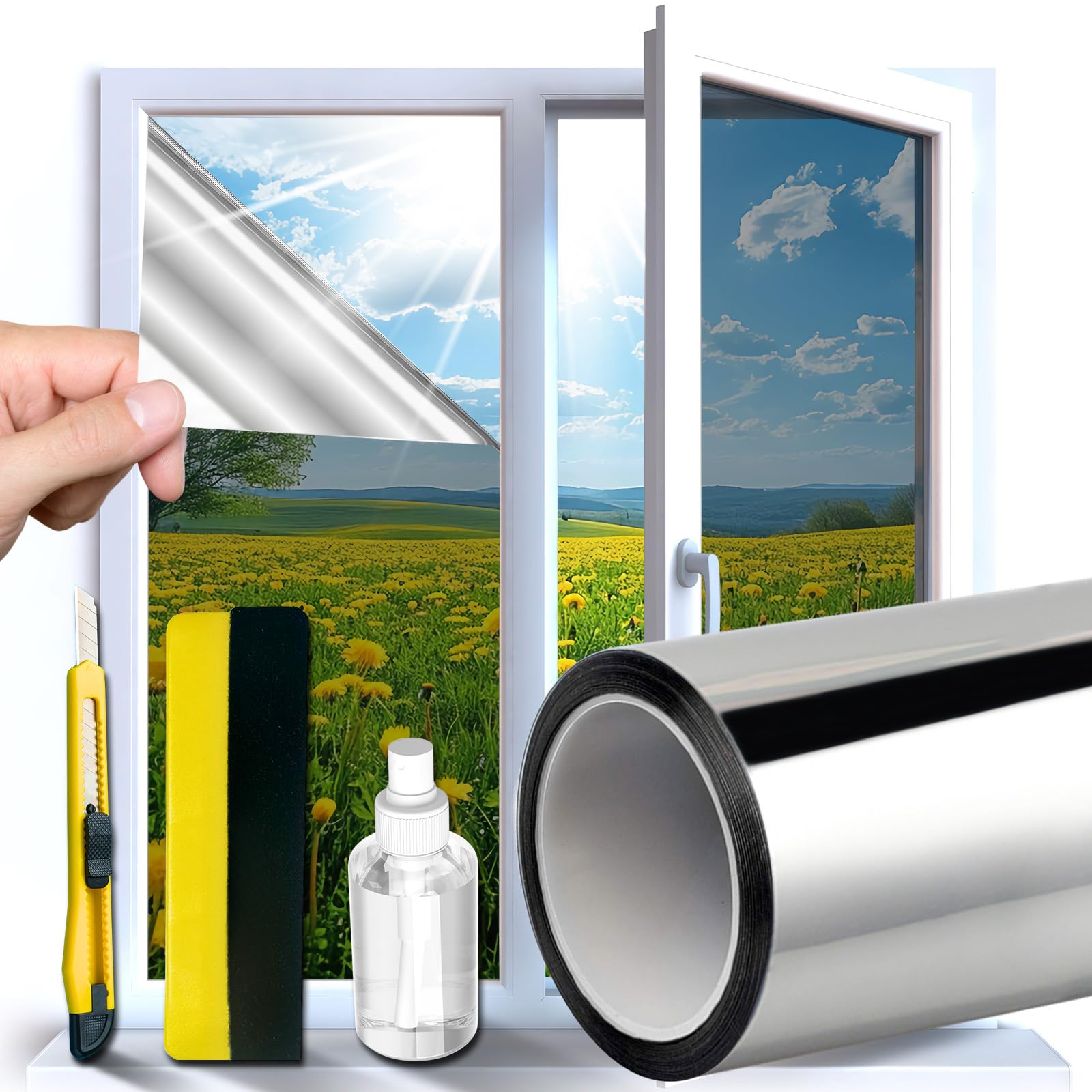 Midori UV-Schutz Sonnenschutzfolie | Selbstklebende Spiegelfolie 119 x 200 cm für Fenster Innen & Außen | Rückstandslose selbsthaftende Sichtschutz-Fensterfolie gegen Hitze & Sonne