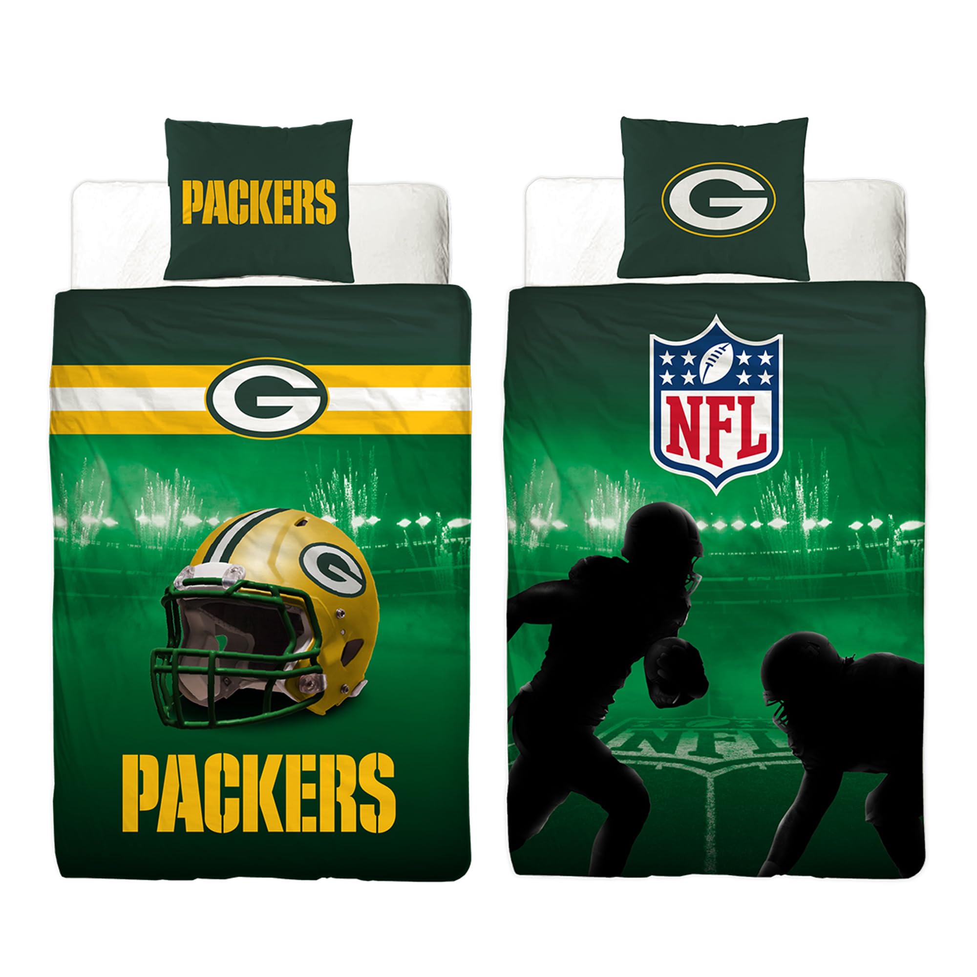 NFL Bettwäsche Green Bay Packers 135 x 200 cm + 80 x 80 cm 100% Baumwolle in Renforcé-Linon-Qualität mit Reißverschluss American Football Fan Super Bowl Cheeseheads Wende-Bezug deutsche Größe