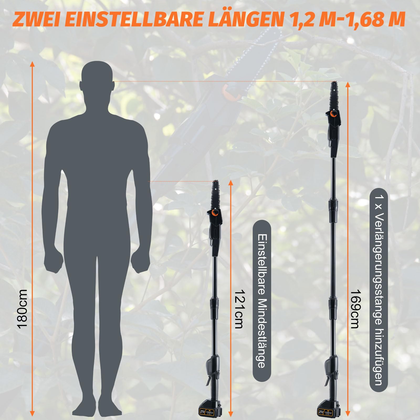 CHANGEMOORE Akku-Hochentaster 21 V, 15 cm Schwertlänge, 10 m/s Kettengeschwindigkeit, 3,6 kg, 2 Ketten, 1,68m Stange, inkl. 2 Akkus & Ladegerät