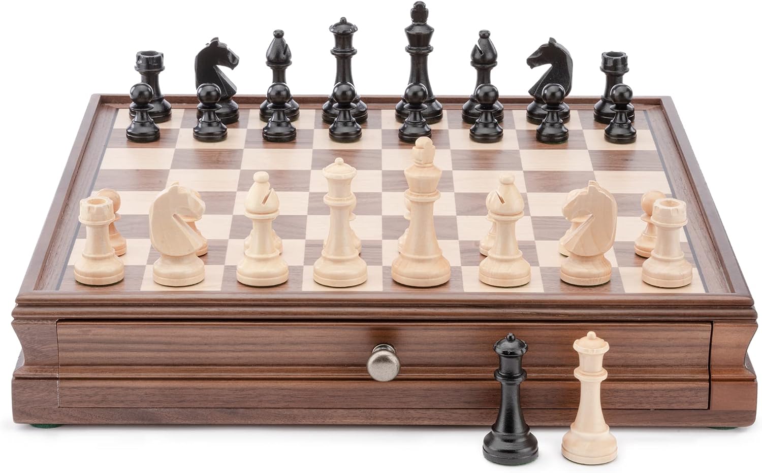A&A 15 inch Walnut Wooden Chess Sets w/ Storage Drawer / Triple Weighted Chess Pieces - 3.0 inch King Height/ Walnut Box w/Walnut & Maple Inlay / 2 Extra Queen / Classic 2 in 1 Board Games