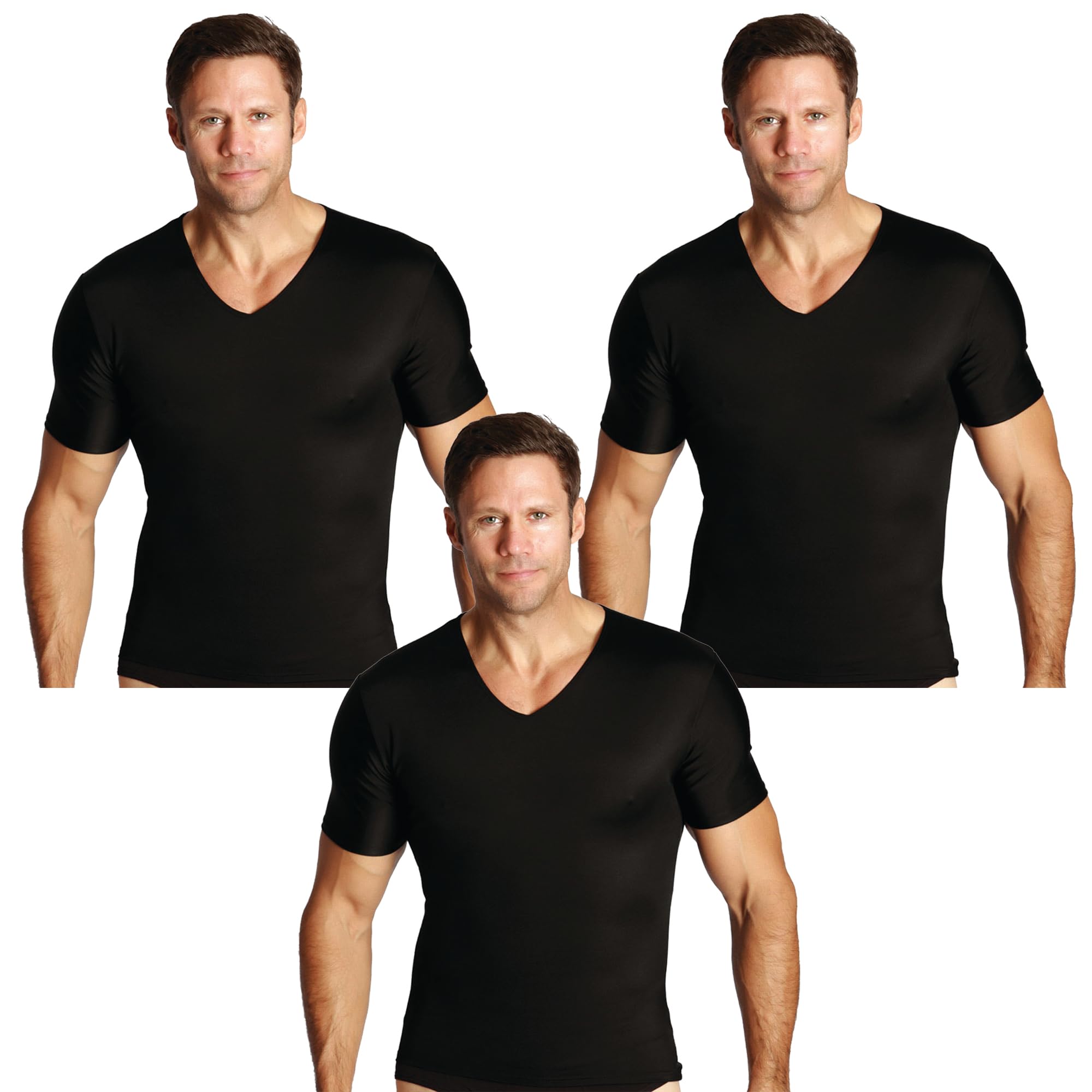 Insta Slim - Made in USA - 3 Pack - Men’s Slimming Compression Fitted Body Shaper Short Sleeve V-Neck T-Shirt for Instant 5 Inch Slimmer Look, Undershirt & Back Support (Black, LG)