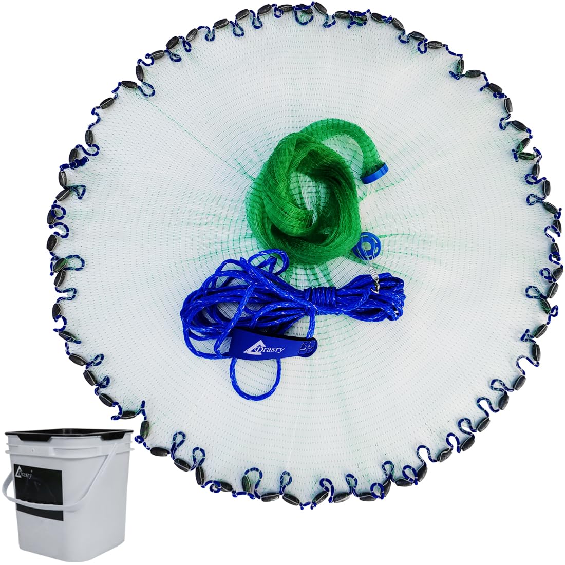 Drasry Saltwater American Fishing Cast Net 3/8inch Mesh Size for Bait Shrimp Trap Fish Heavy Duty Sinkers Throw Net 3FT/4FT/5FT/6FT/7FT/8FT/9FT/10FT Radius