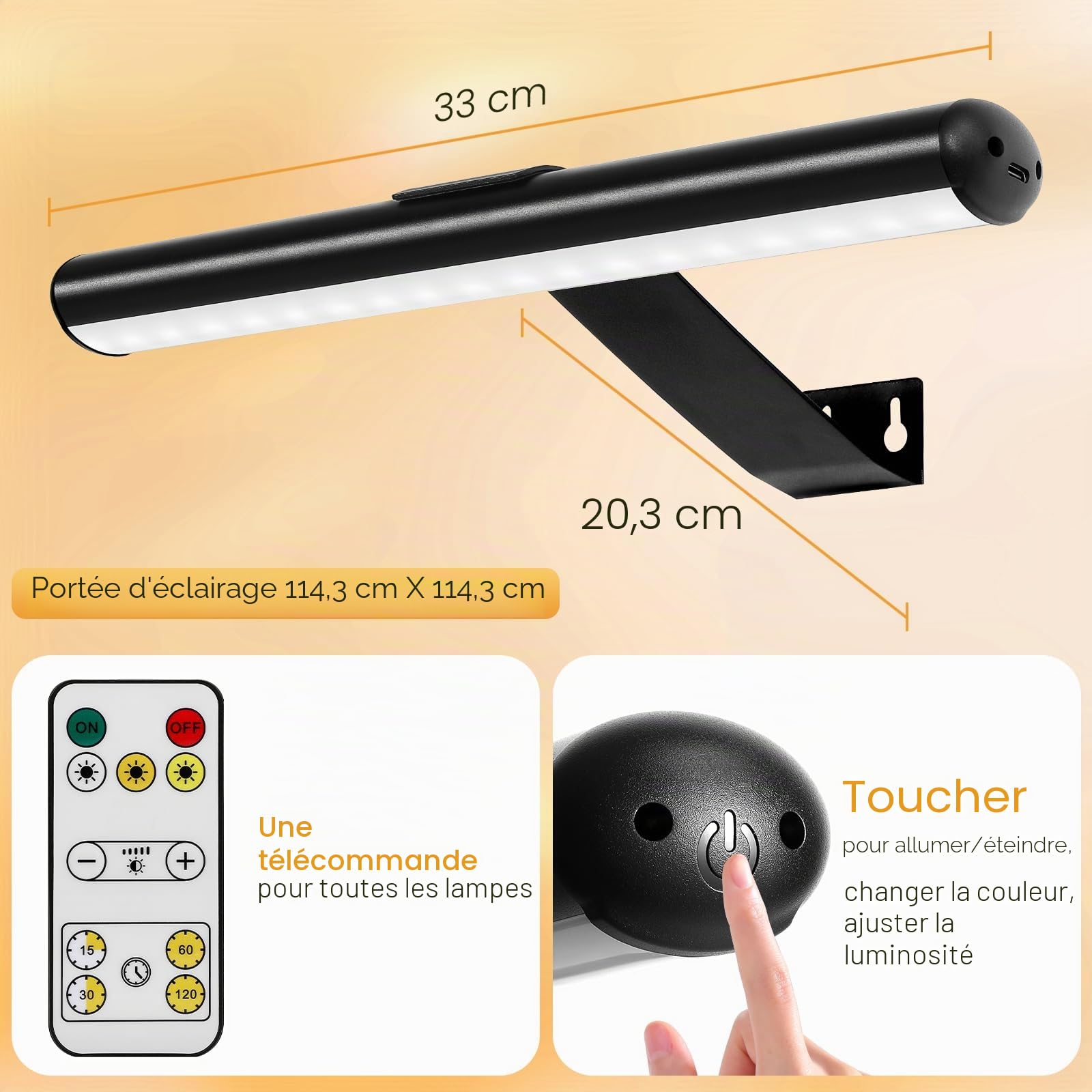 Lampe Murale à Télécommande，Image Lampe LED sans fil, batterie rechargeable, pour des œuvres d'art, luminosité de 300 lumens, réglable, pour la fresque et les fléchettes avec corps en métal