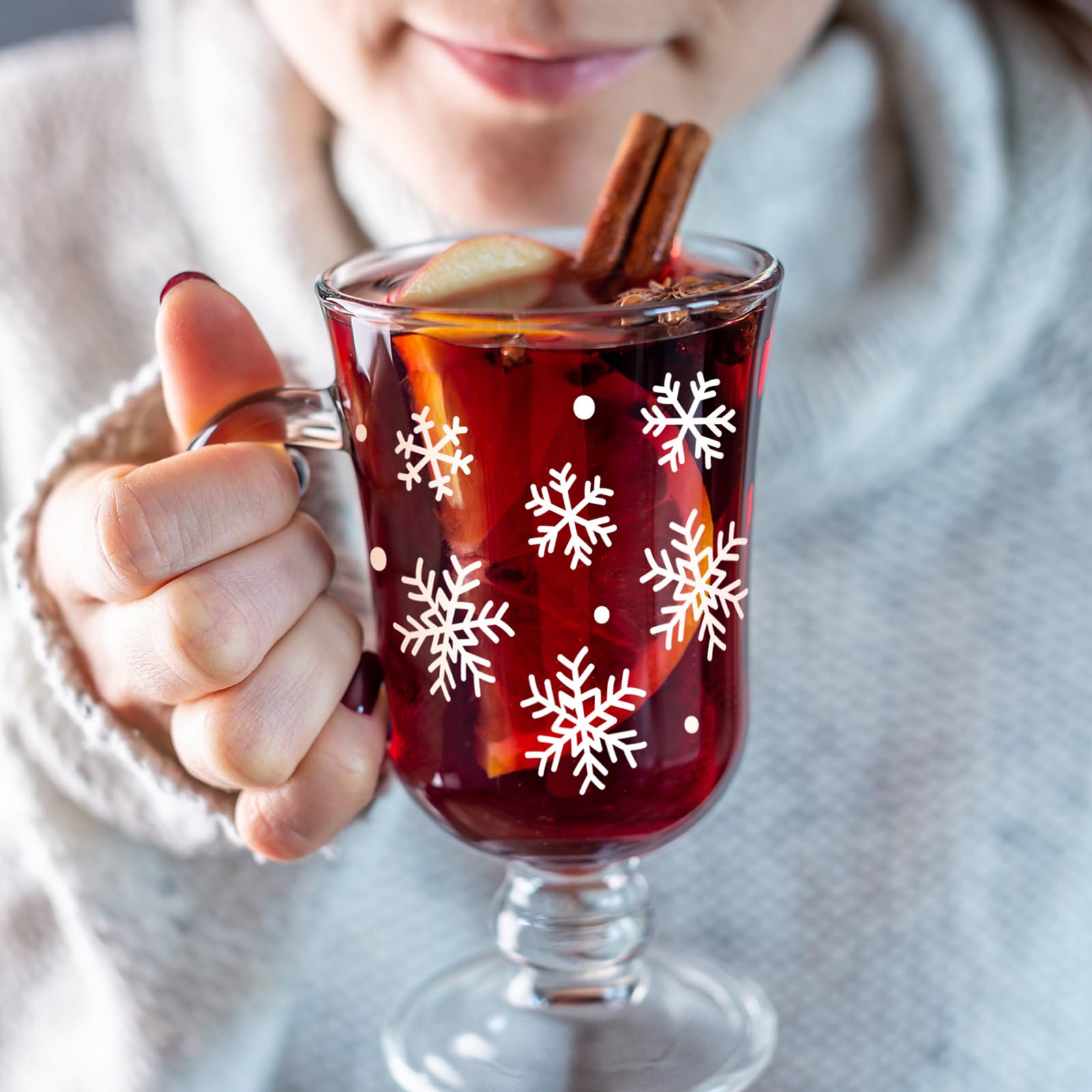 Sliner Kaffeetassen aus Glas mit Griff, 237 ml, transparent, irische Füße, Kaffeetassen, Winterurlaub, für Getränke, Latte, heiße Schokolade (Schneeflocke), 12 Stück
