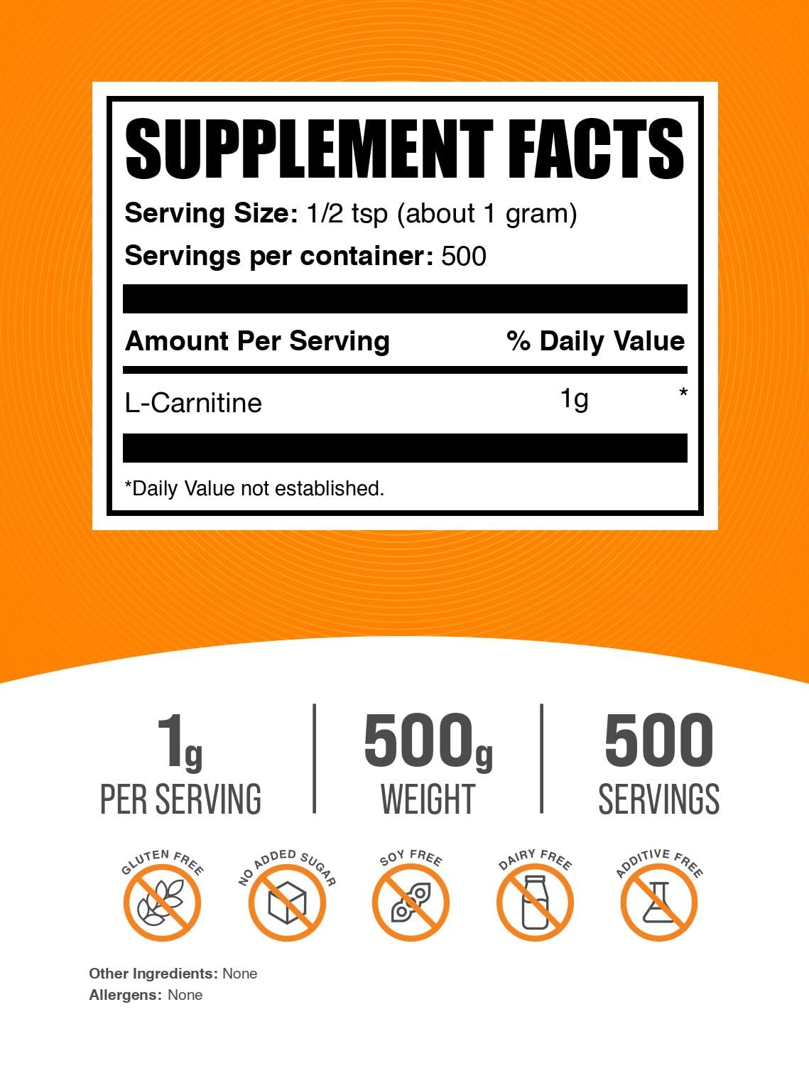 Amazon.com: BulkSupplements.com L-Carnitine Powder - Carnitine Supplement,  Amino Acid Supplement - Unflavored & Gluten Free, 1g per Serving, 500g (1.1  lbs) (Pack of 1) : Health & Household