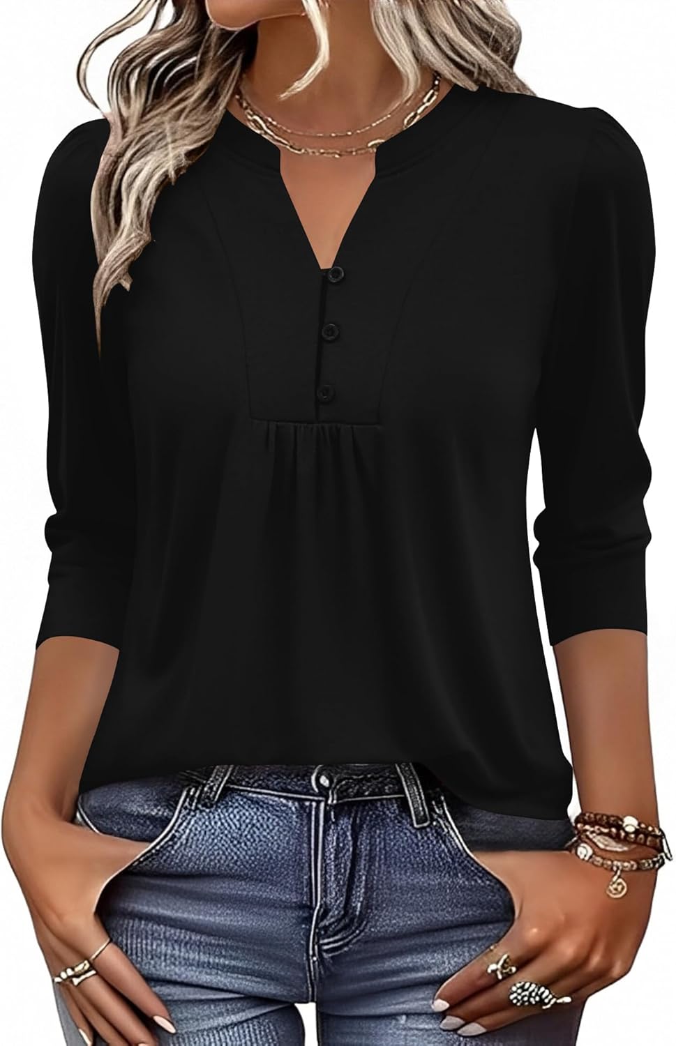 IECCP 3/4 Length Sleeve Womens Tops Dressy Casual Henley V-Neck Summer Tops Pleated T-Shirts Loose Fit Work Blouses - Image 2