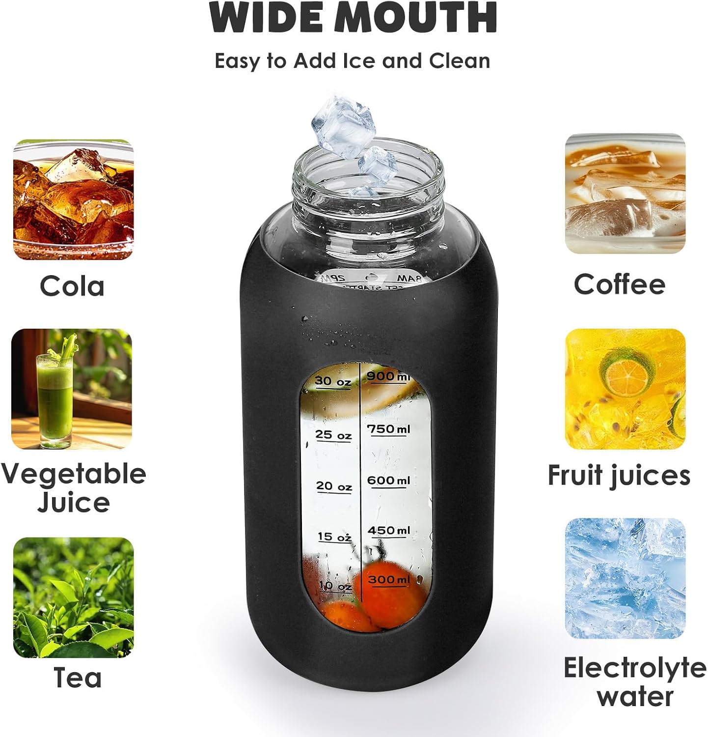 40oz Glass Water Bottle with Handle Lid Time Marker Motivational Sport Water Jug with Silicone Sleeve Water Flask Canteen Wide Mouth Water Bottle for Gym Workout Travel Office Home Everyday Hydration - Image 4