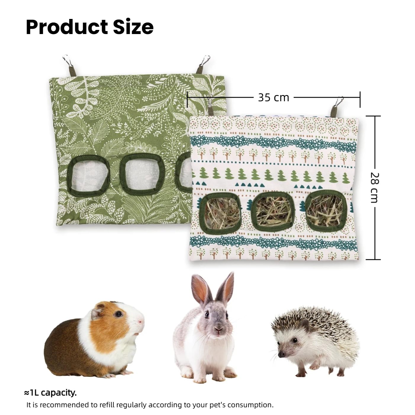 Sac à foin pour lapins 2 mangeoires à foin 3 trous suspendre 33x27.9 cm lavable chinchillas hamsters petits animaux