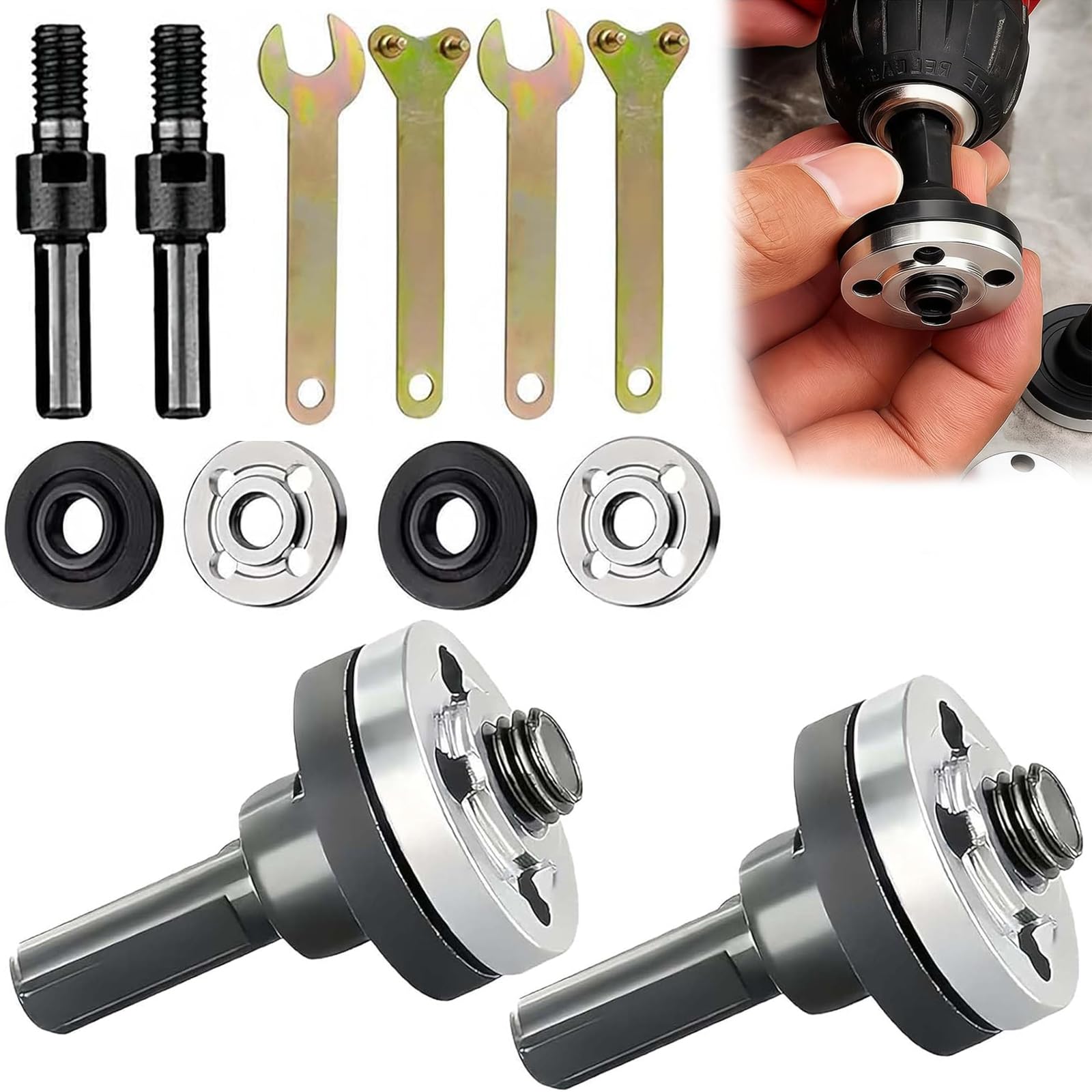 Angle Grinder Adapter for Drill, Grinder Tool, 10 PCS Angle Grinder Attachments Set Including 10mm Shank Arbor Mandrel Drill Adaptor, Flange Nut and Wrench, Drill Attachments for Most Angle Grinder