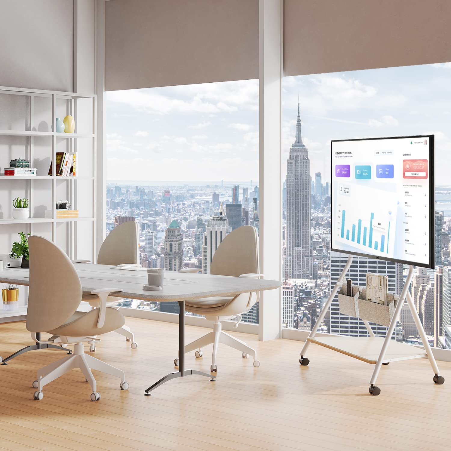 FITUEYES Design Mobile TV Stand for 55 60 65 75 78 Inch TV, Rolling TV Cart Floor Stand with Mount for Office Living Room Hotel, Modern Corner TV Stand with Wooden Storage Shelves, Collector Series