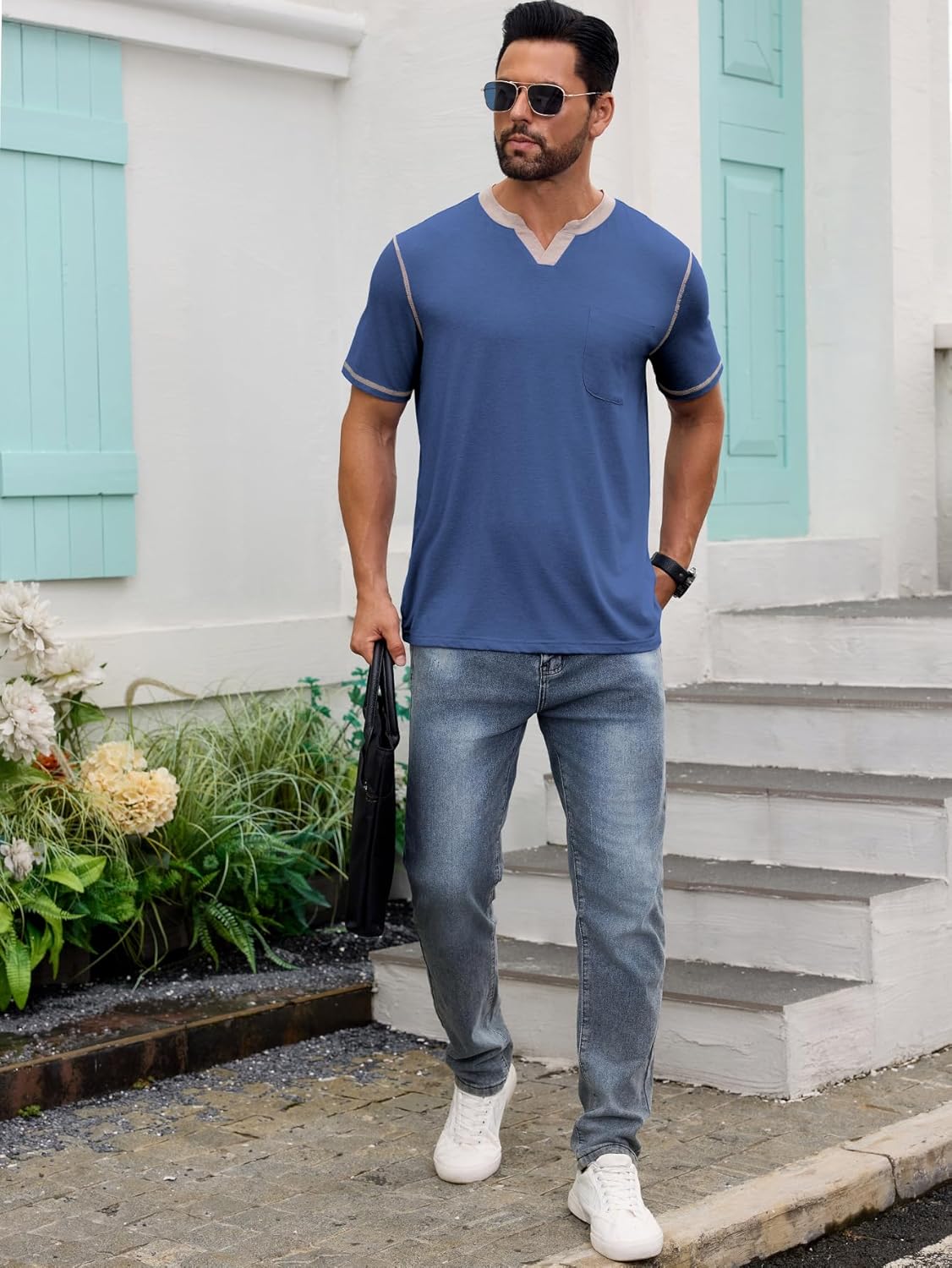 Men's Casual Henley Shirt Short Sleeve Summer V Neck Solid T-Shirt Tops Whith Pocket - Image 3
