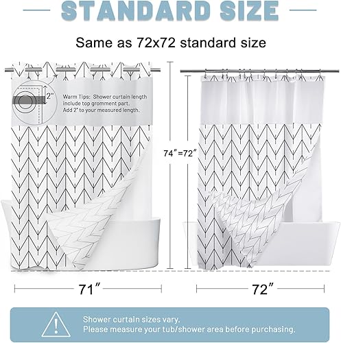Miniatura 7 de Juego de cortina de ducha geométrica a rayas sin gancho con forro de tela a presión, juego de cortina de ducha de hotel y forro con ventana superior