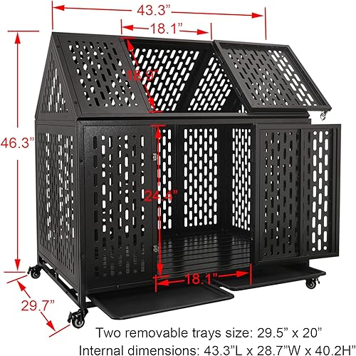 Miniatura 7 de Jaula para perros indestructible de 44 pulgadas con ruedas y bandejas, perrera de acero con techo puntiagudo, resistente a prueba de escapes, jaula