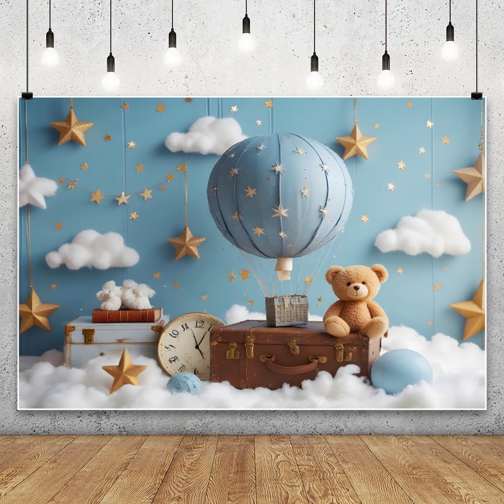 Spazio Esterno Compleanno Sfondo 2.2x1.5m Universo Blu Cielo Bianco Nuvola Bambino Doccia Foto Sfondo Giocattolo Orso Scatola di Legno Ragazzo 1 ° Festa di Compleanno Decorazione