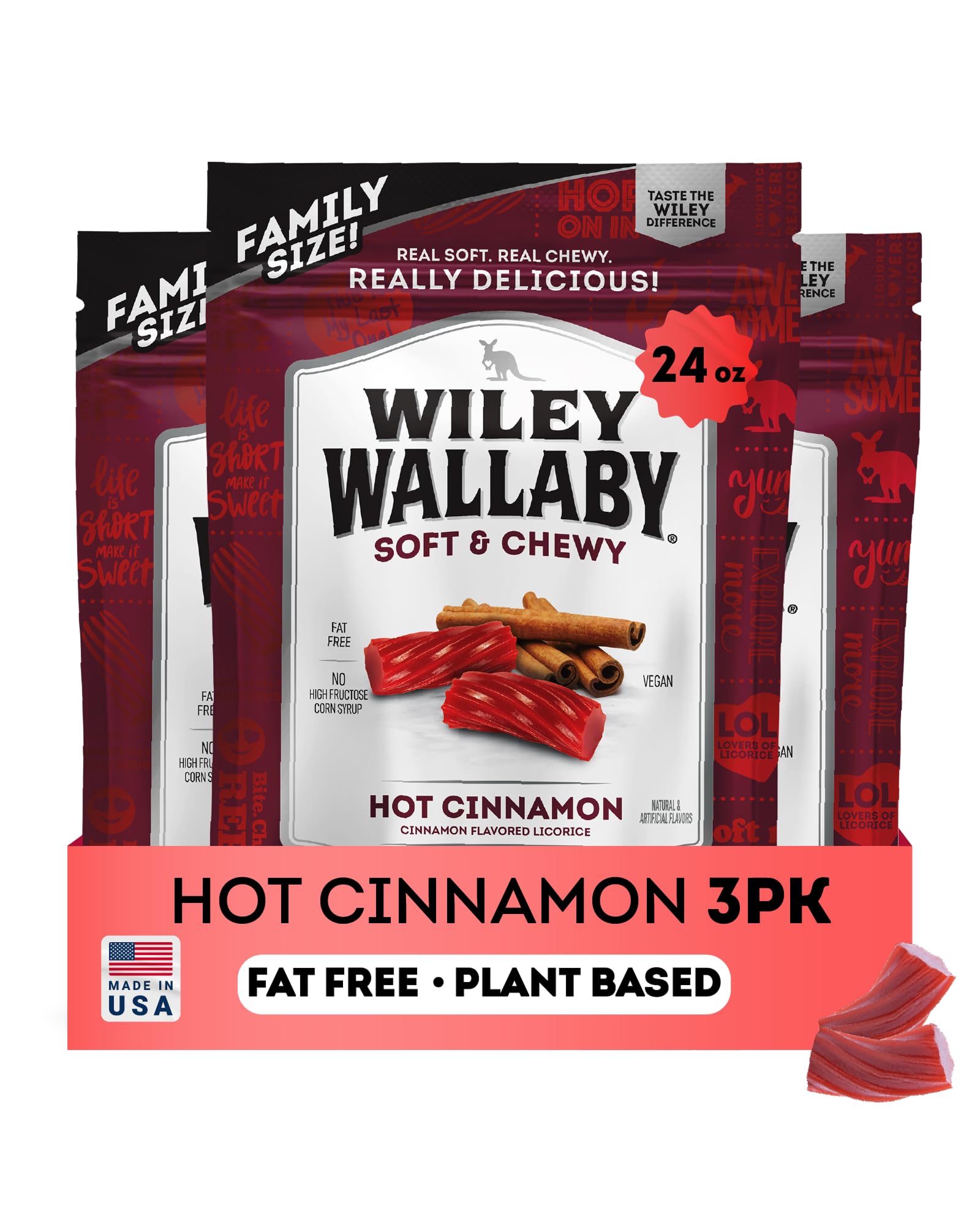 Wiley Wallaby Licorice 24 Ounce Classic Gourmet Soft & Chewy Australian Cinnamon Licorice Candy Twists, 3 Pack