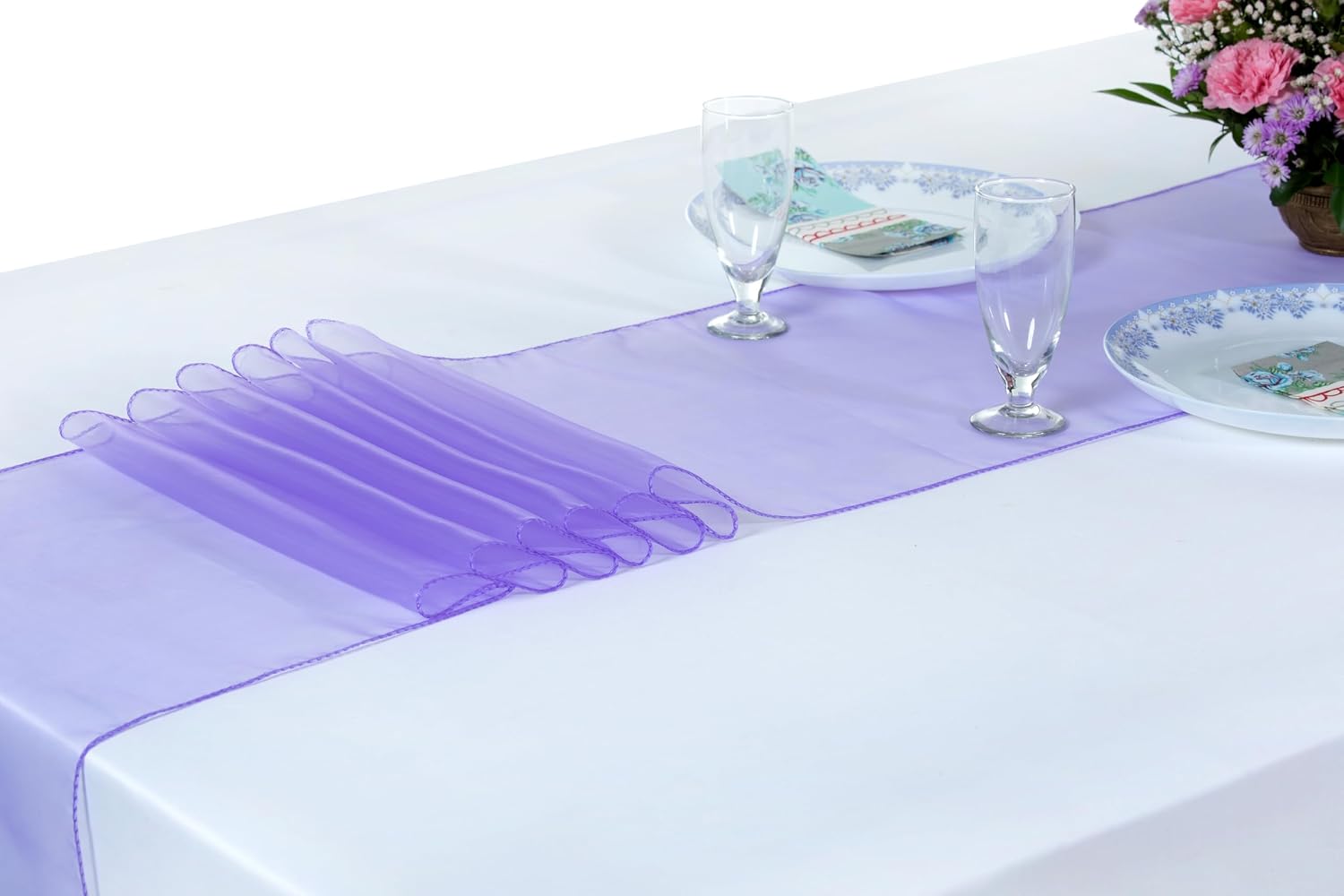 MDS 25 Pack Organza Table Runner 12 x 108 inch Long Premium Table Runners for Wedding Party, Events Decoration, Banquets Decorations, Bright and Smooth Silk Fabric Party Table Runner- Lavender