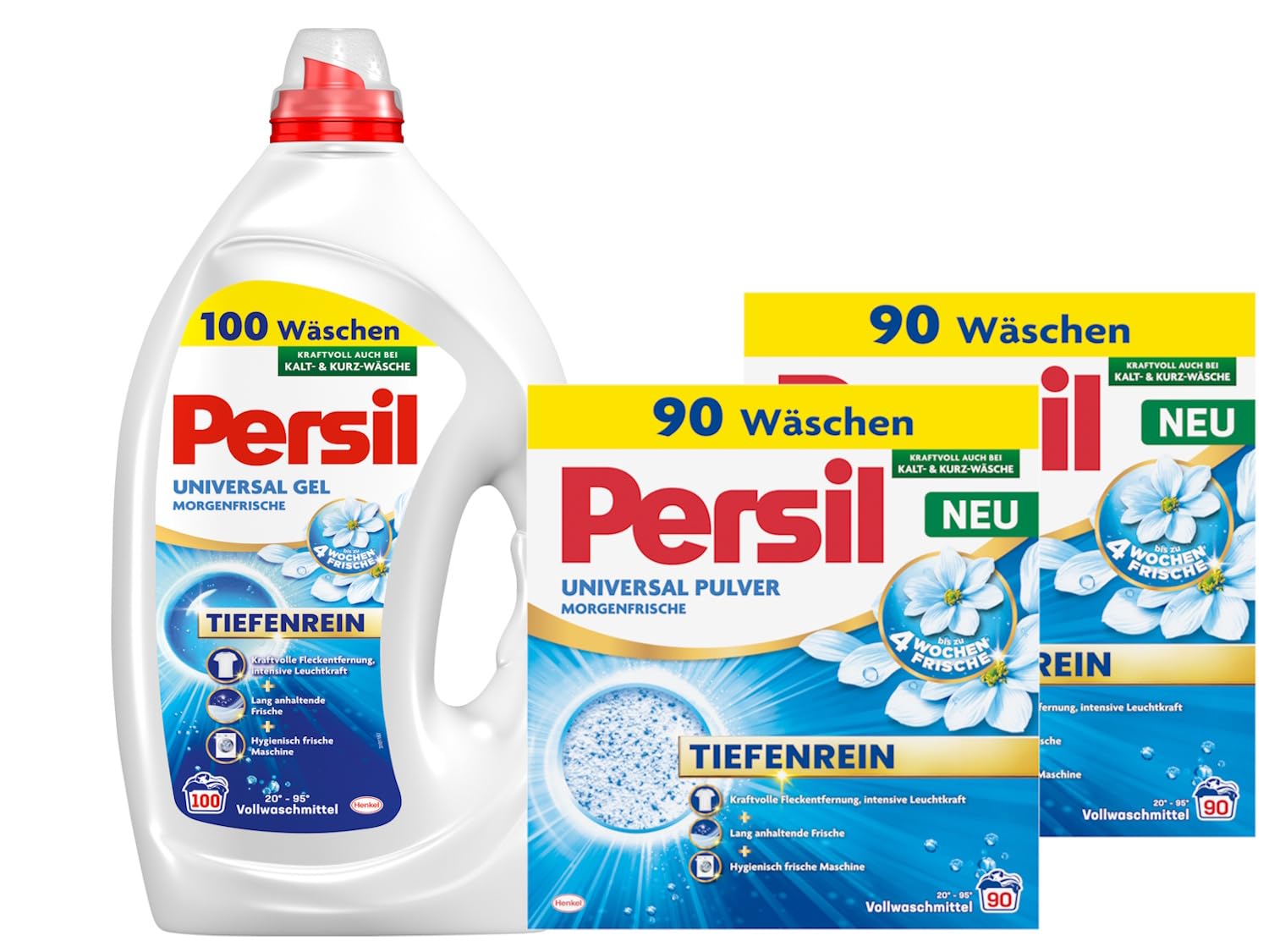 PERSIL Universal Pulver Morgenfrische 90 WL (2 x 4,95kg) + PERSIL Universal Kraft-Gel Morgenfrische 100 WL 4,5 L – Waschmittel Set für extra saubere & frisch duftende Wäsche