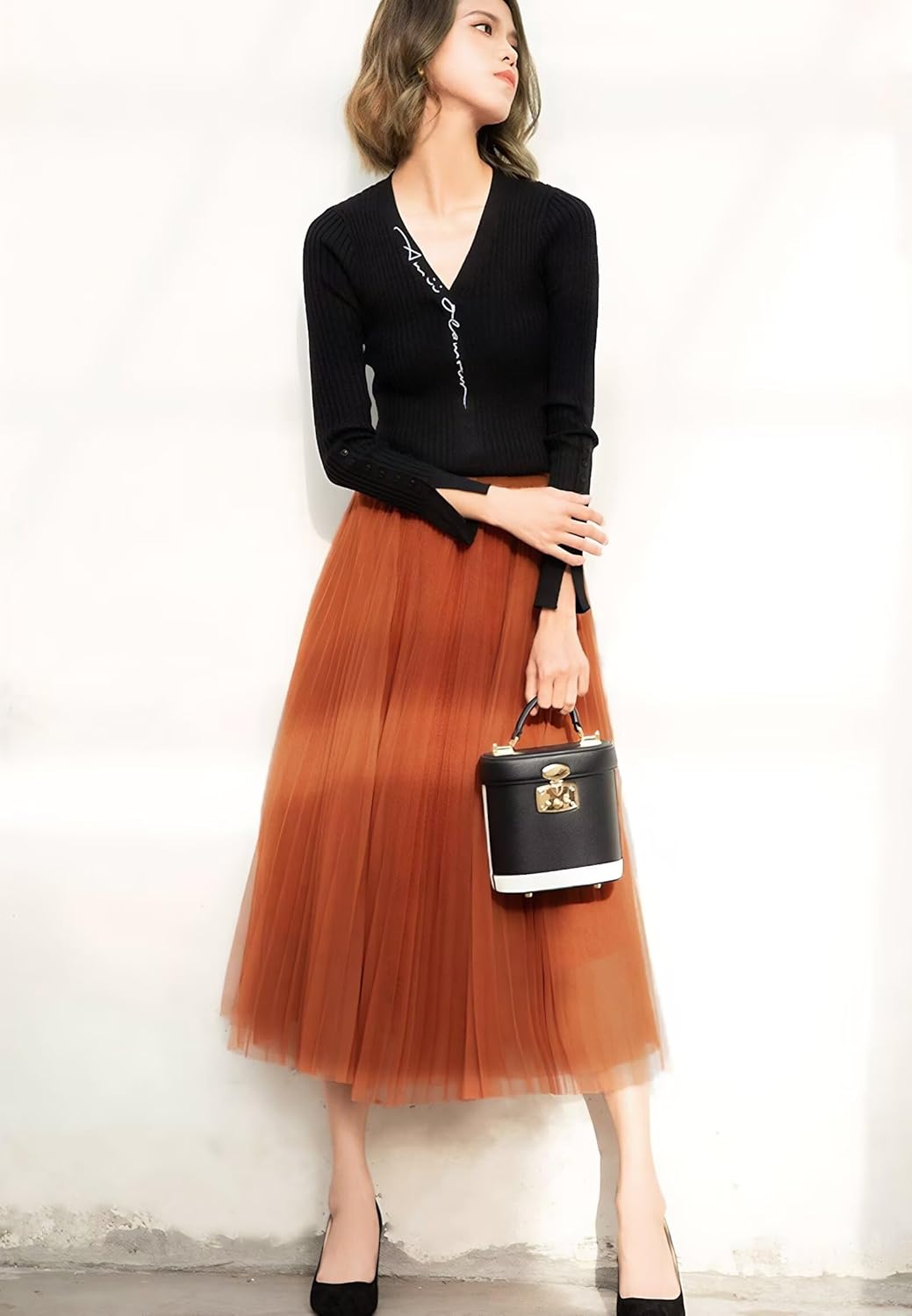 ChicVibes Women's Plus Size High Elastic Waist Pleated Mesh Midi Skirt,Elegant Plain Tulle A-Line Skirts with Ruffled Hem