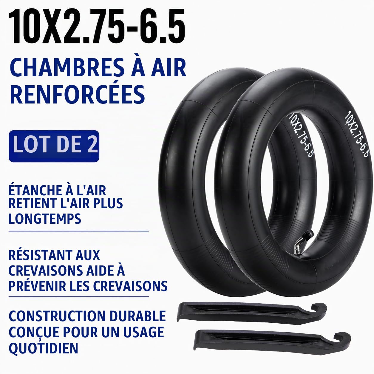 Chambres à Air 10x2.75-6.5 (Lot de 2), Valve Coudée CR202 | Chambres à air robustes en caoutchouc butyle pour trottinettes électriques et mini-motos. Comprend 2 démonte-pneus.