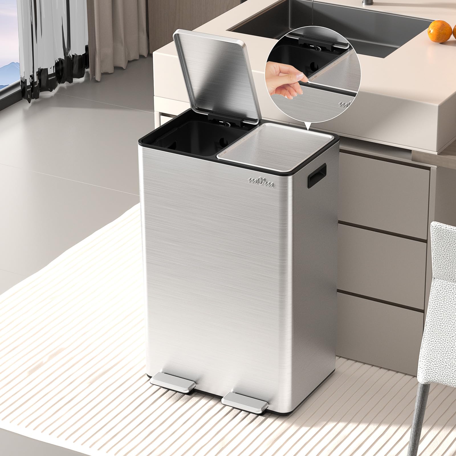 mVm Cubo de Basura para la Cocina, 2 Compartimentos 2 x 30L Cubo de Basura Cocina, Papelera Moderna y Robusta, Cierre Suave, para Cocina, Salón, Plata