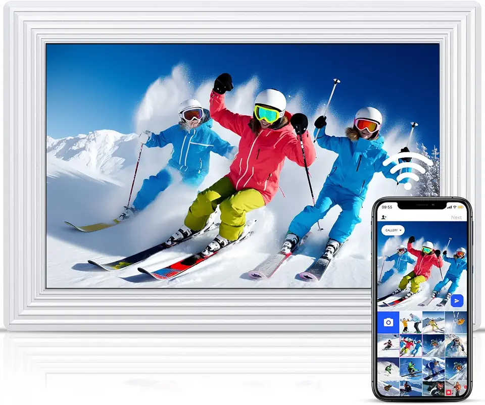 Moldura de fotos digital WiFi inteligente de 10,1 polegadas, moldura digital de 16 GB, armazenamento de 1920 x 1200 IPS, ecrã táctil Full HD, rotação automática, partilhar fotos ou