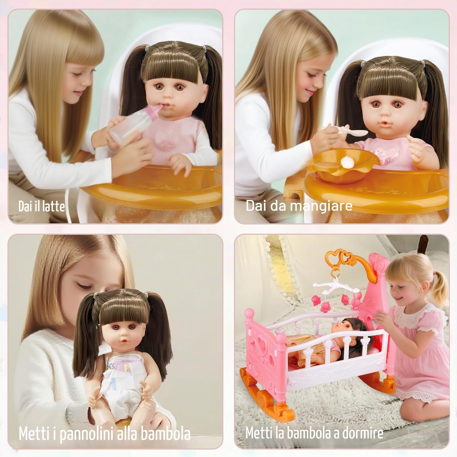 RedCrab Set Bambola con Accessori, 32cm Bambola con Funzione di Alimentazione, Lettino, Seggiolone, Vestiti, Biberon, Tettarella, Vasino e Pannolini, Giocattolo Regalo per Bambina 3+ Anni