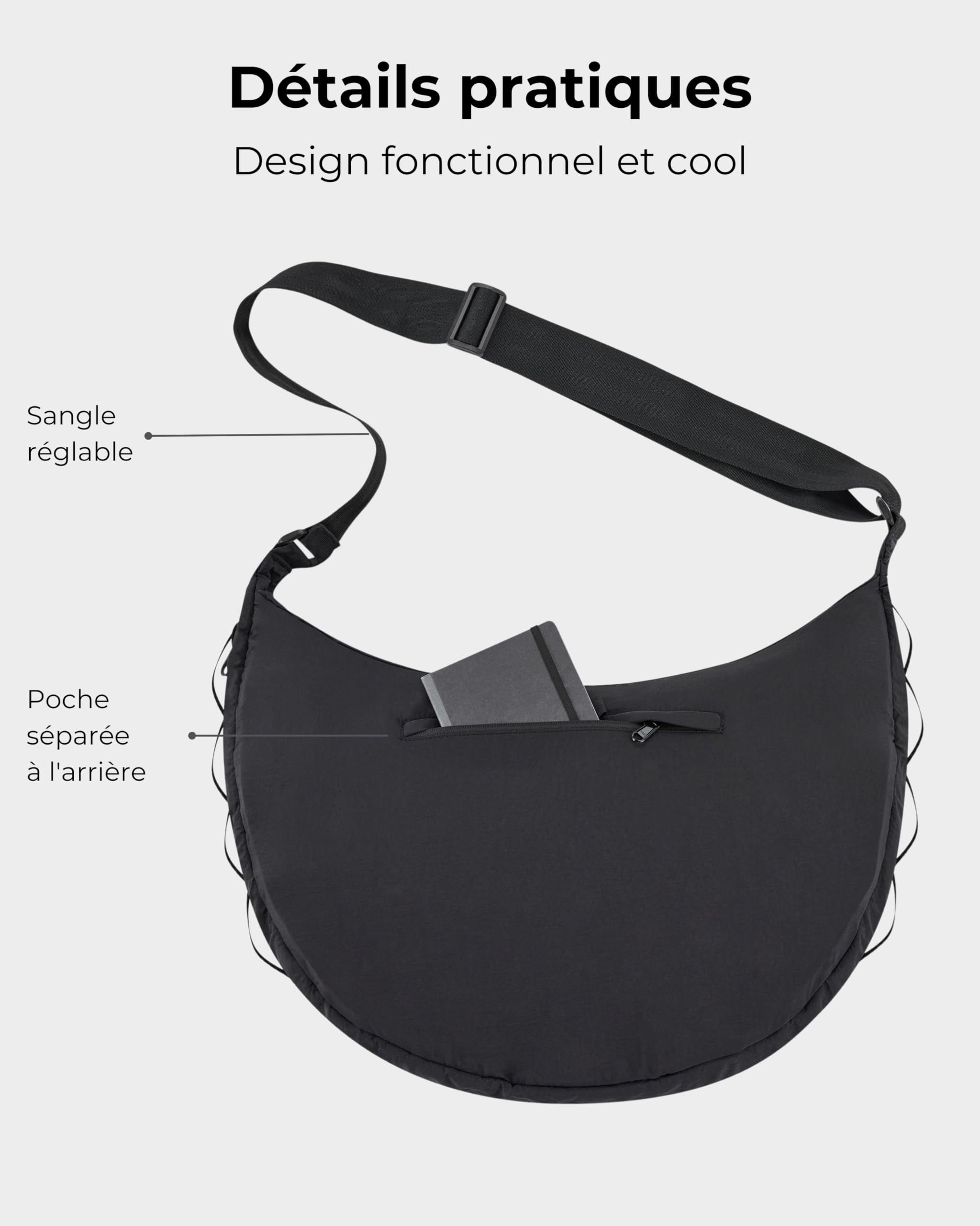 Johnny Urban Sac Bandoulière Femme & Homme Noir - Kaia XL - Puffer Moon Bag - Sac Banane en Nylon - Sacoche Demi Lune - Imperméable