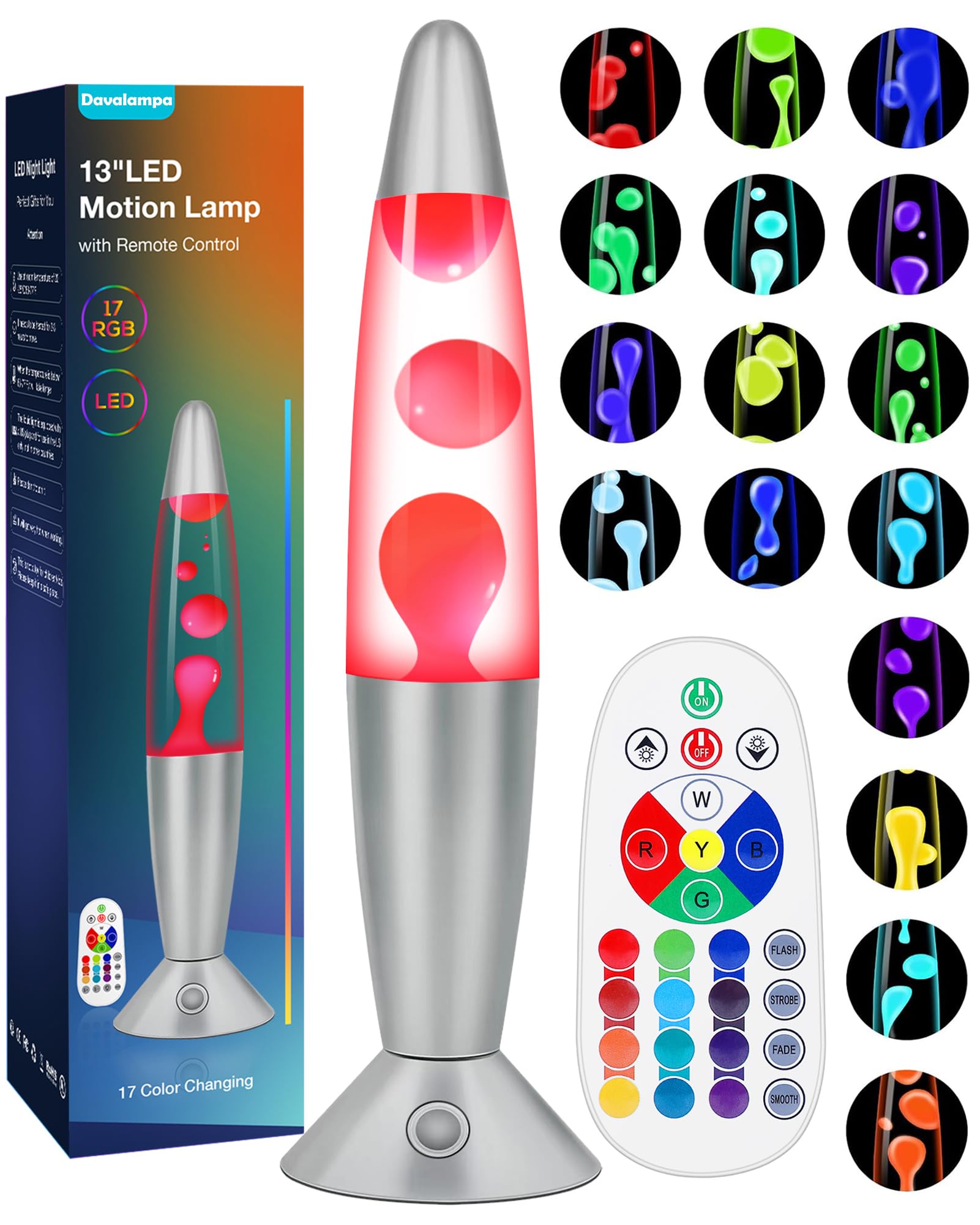 17 Colours Changing Liquid Motion Lamps with Remote: LED Night Light for Kids Adults - Relaxing Mood Lighting Glitter Table lamp for Home Room Office Decor Christmas Decorations (White Wax, 13.5 Inch)