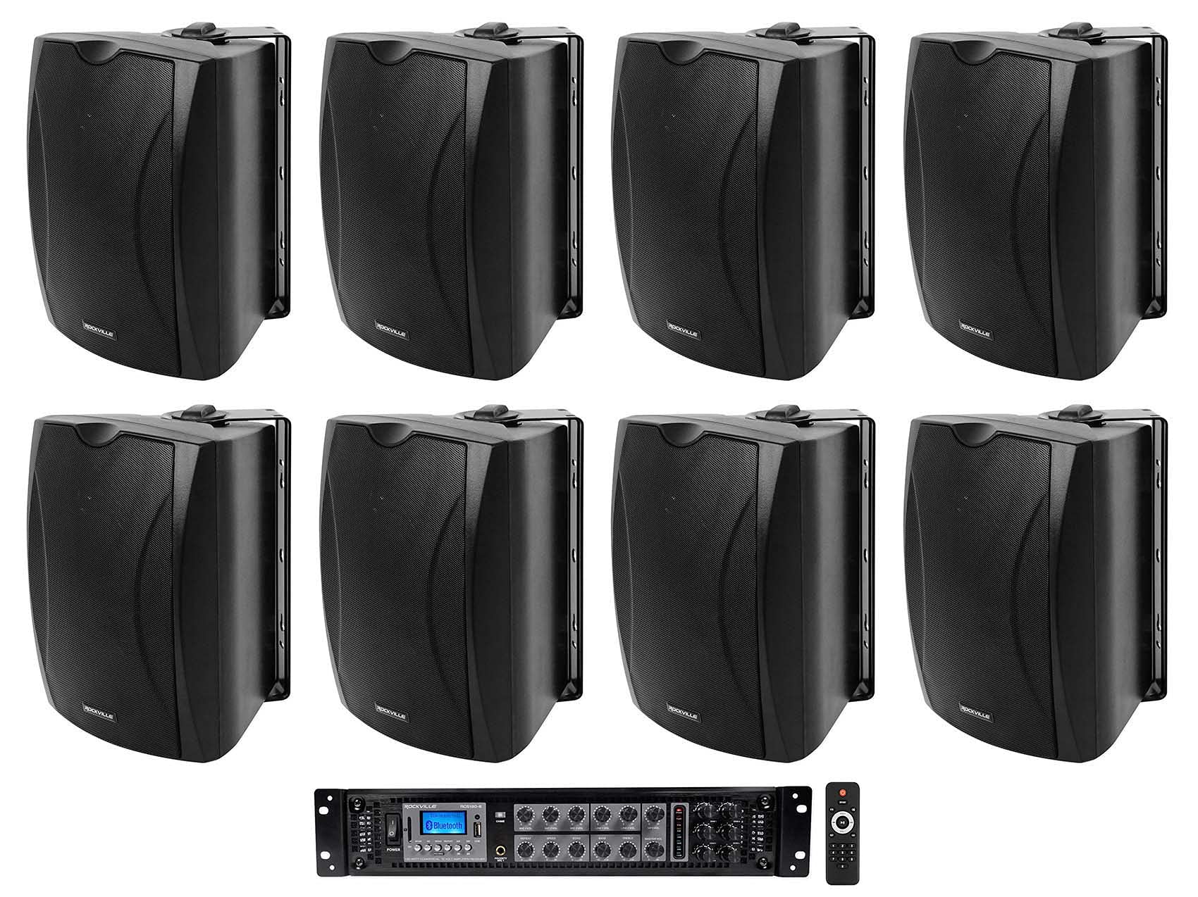 (8) Black 5.25" 70v Wall Speakers+Amplifier For Restaurant/Office/Cafe/Bar/Hotel