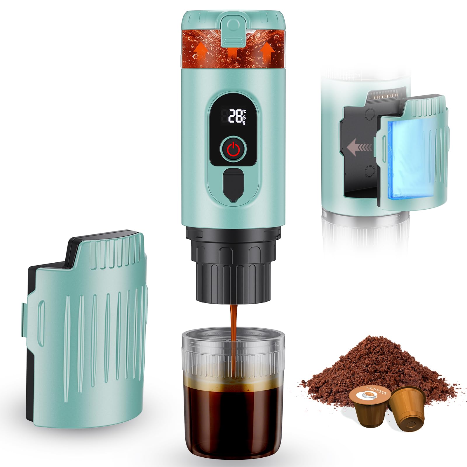 Jradse Máquina de café espresso portátil, 20 bares de presión, 2 en 1, batería intercambiable de 7650 mAh y carga rápida USB-C, para cápsulas Nespresso y café molido, viajes, oficina, camping