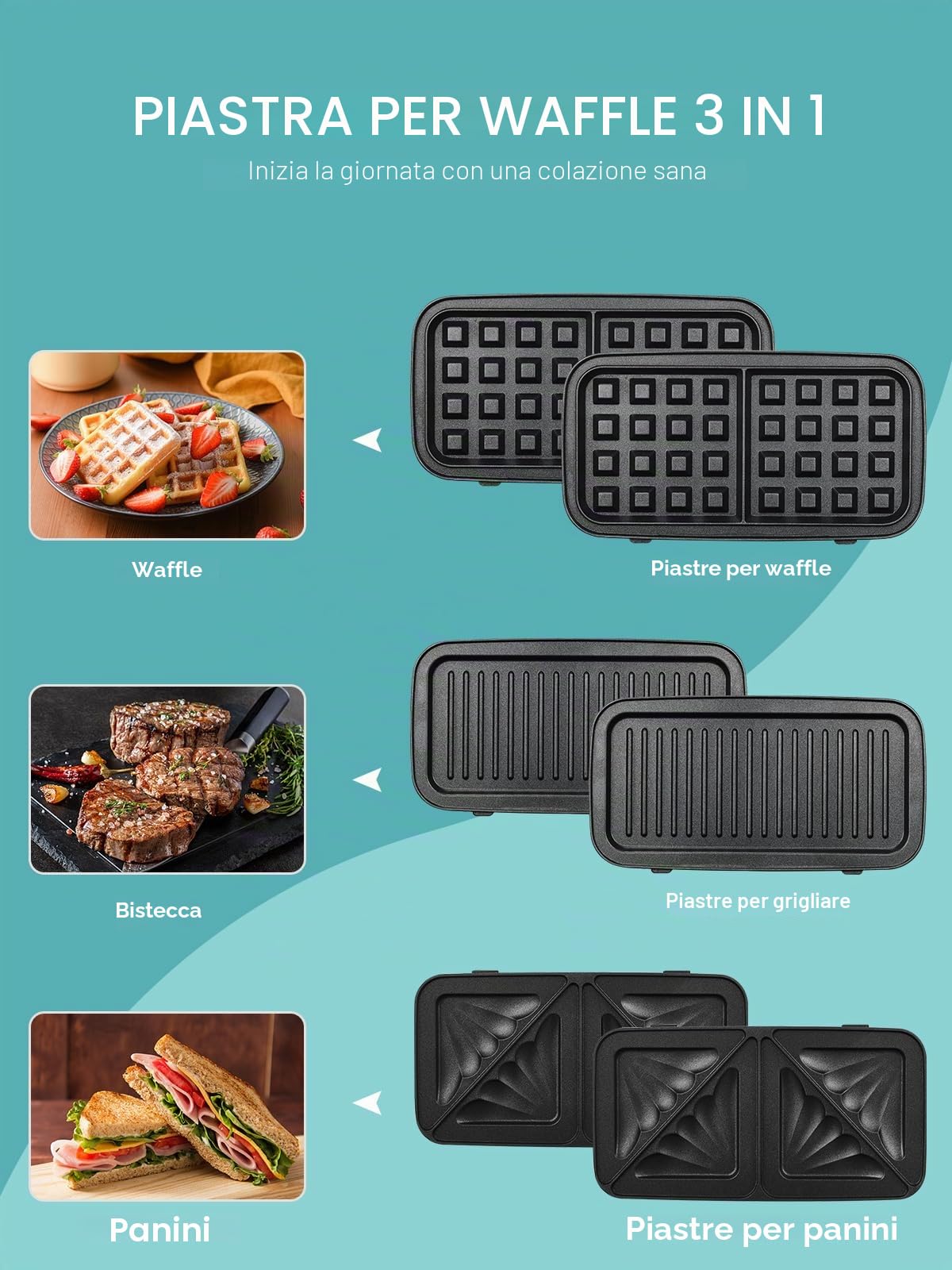 Piastra Waffles Maker 3 in 1, 1200W Tostapane Piastra Panini, Tostiera Elettrica, ad Alta Potenza, Controllo della Temperatura a 5 Marce, Deposito Cavi, Rivestimento Antiaderente (Blu)