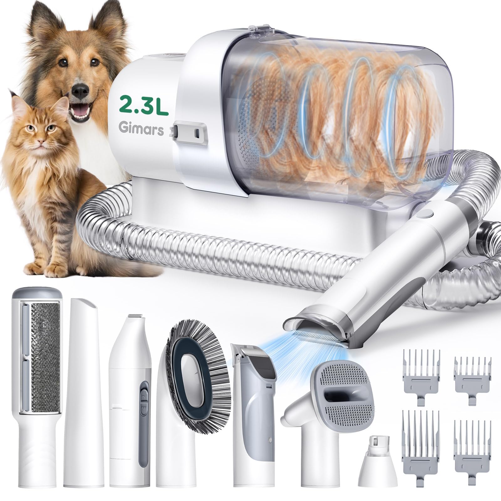Gimars 2,3L Aspira Peli Cane 7 in 1 Kit Toelettatura Cani, Aspirapolvere Per Animali Con Spazzola, Forte Aspirazione 3k/7k/12k Pa Ultra Silenziosa Elettrico Tosatrice Per Gatto Pelo Professionale