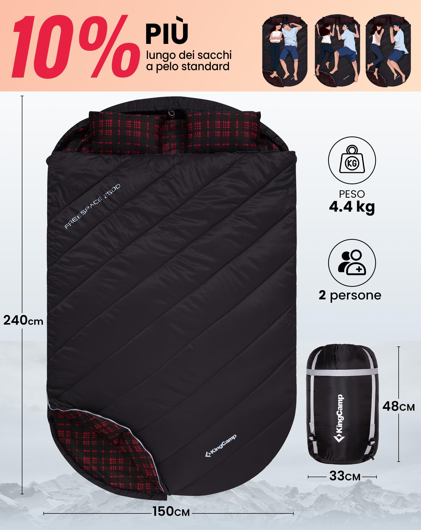 KingCamp Sacco a pelo doppio in flanella di cotone per 2 persone - Caldo invernale, 3-4 stagioni, con 2 cuscini - Ideale per camping, viaggi e attività outdoor