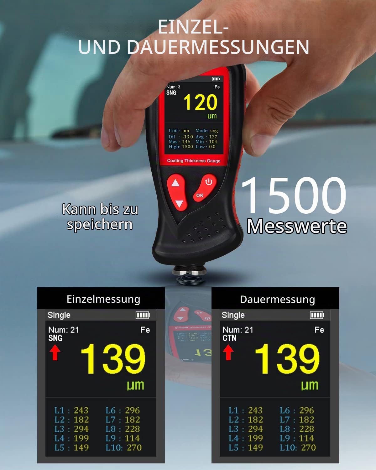 Wintact Schichtdickenmessgerät, Farbtester, Karosserie-Schadensdetektor mit 1500 Gruppen Datenerfassung, Trenddiagramm und Alarm
