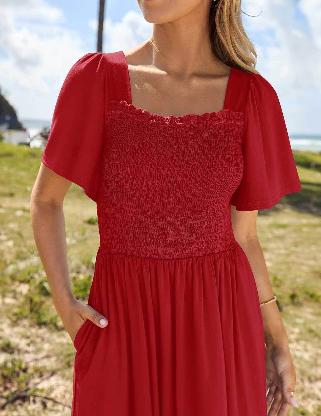 ZESICA Women's 2026 Summer Casual Mini Dress Flutter Short Sleeve Square Neck Smocked Tiered Ruffle Flowy Dresses - Image 3