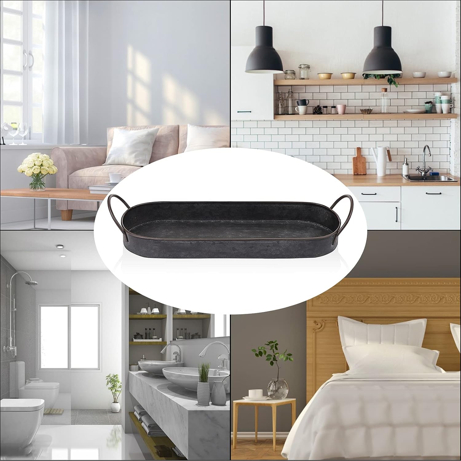 Hipiwe Industrial Style Metal Iron Tray Galvanized Serving Tray for Coffee Table, Home Decorative Centerpiece Tray Rustic Breakfast Serving Tray with Handles (Oval) - Image 7