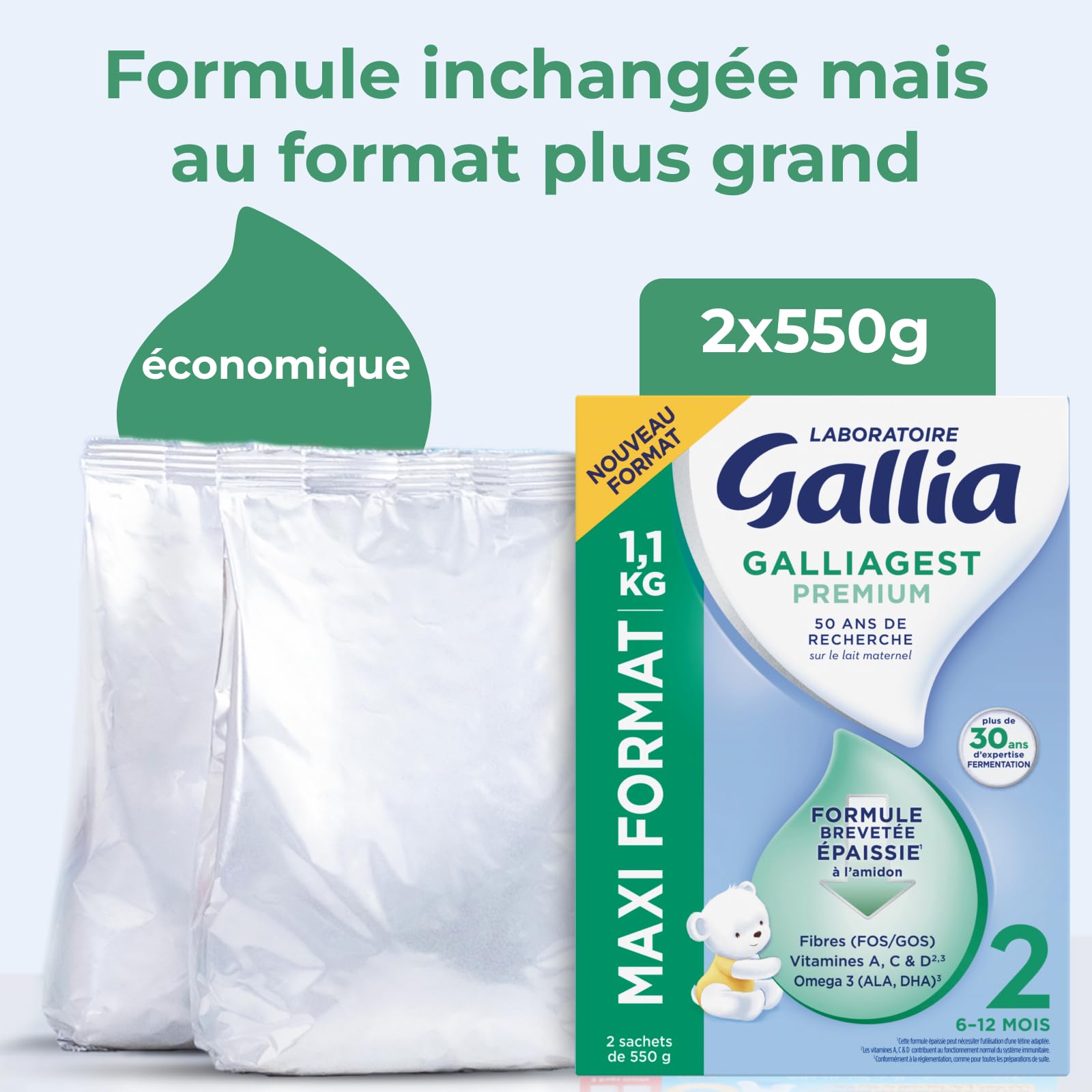 Laboratoire Gallia - Galliagest Premium 2ème Âge - Lait en Poudre pour Bébe - Enrichi en Fibres, Vitamines A, C, D & Oméga 3 - Pour Bébe de 6 Mois à 12 Mois - Maxi Format 1,1kg (Lot de 3)