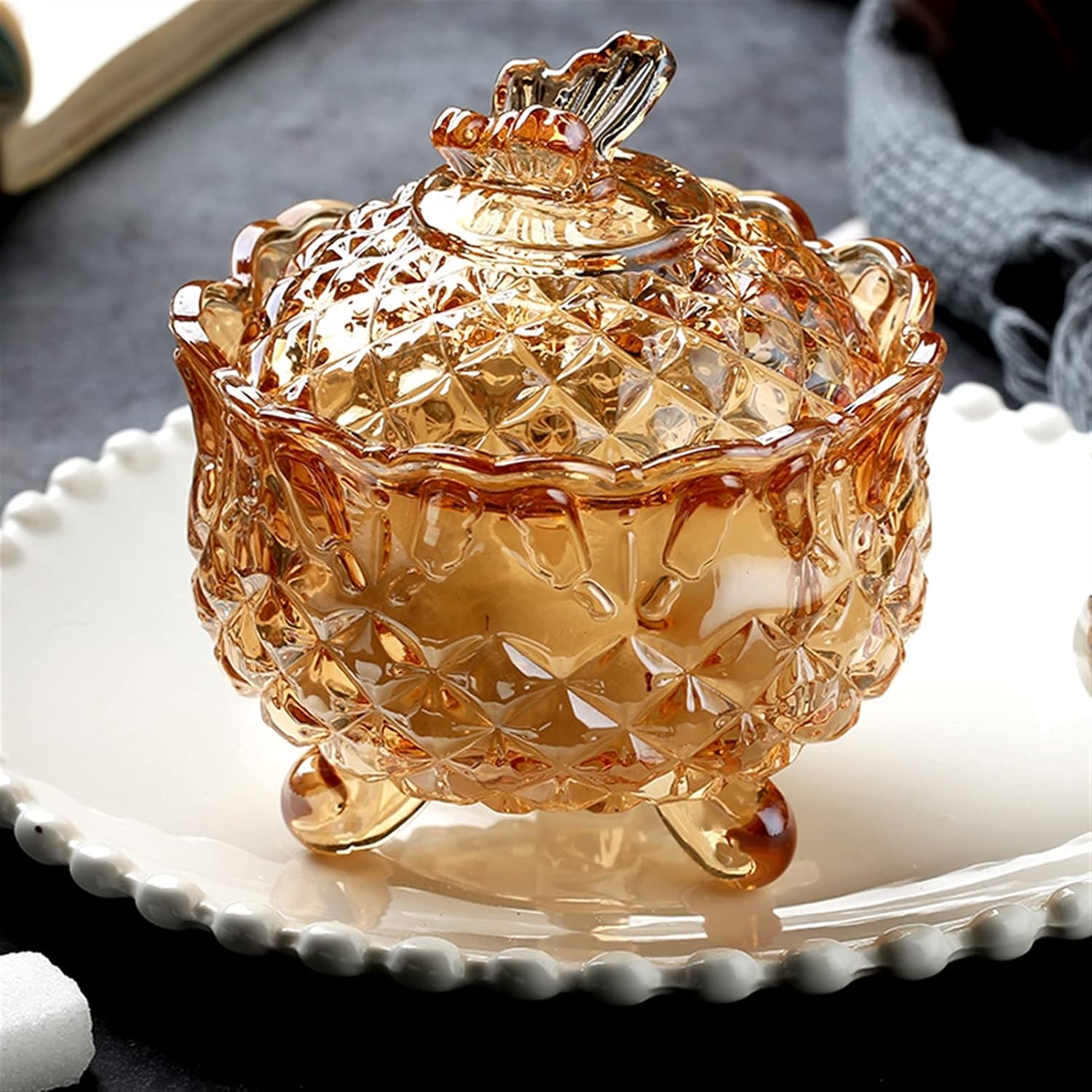 Sugar Bowl with lid Sugar Bowl Glass Sugar Bowl with Butterfly Shape Lid, Crystal Candy Dish Jewelry Dish Glass Jar, Clear-Amber Condiment Pots