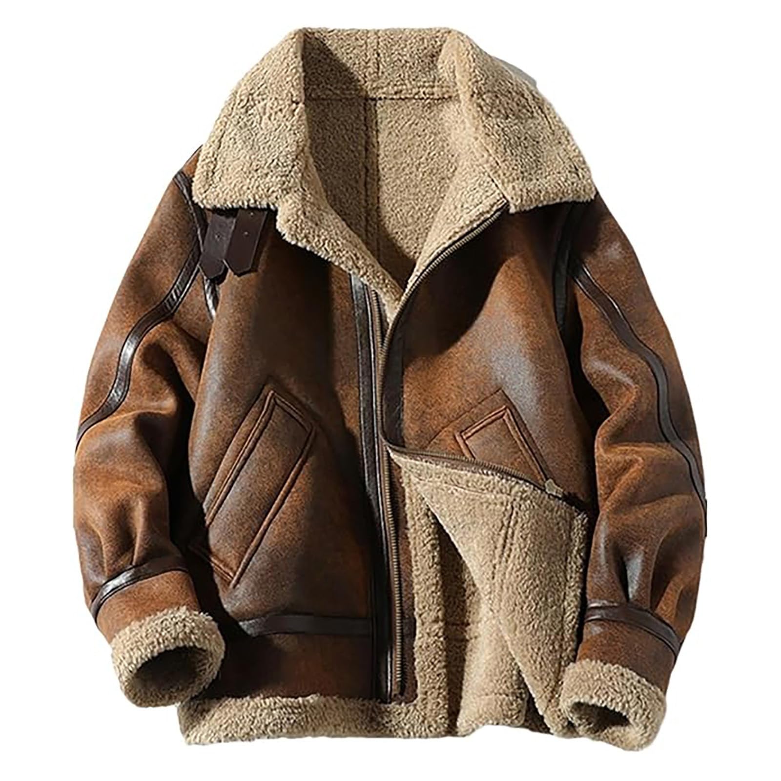 Manteau en daim pour femme avec doublure en peau de mouton - Veste longue en daim synthétique - Veste d'aviateur légère - Veste d'aviateur - Veste de pilote doublée - Veste polaire - Moteur