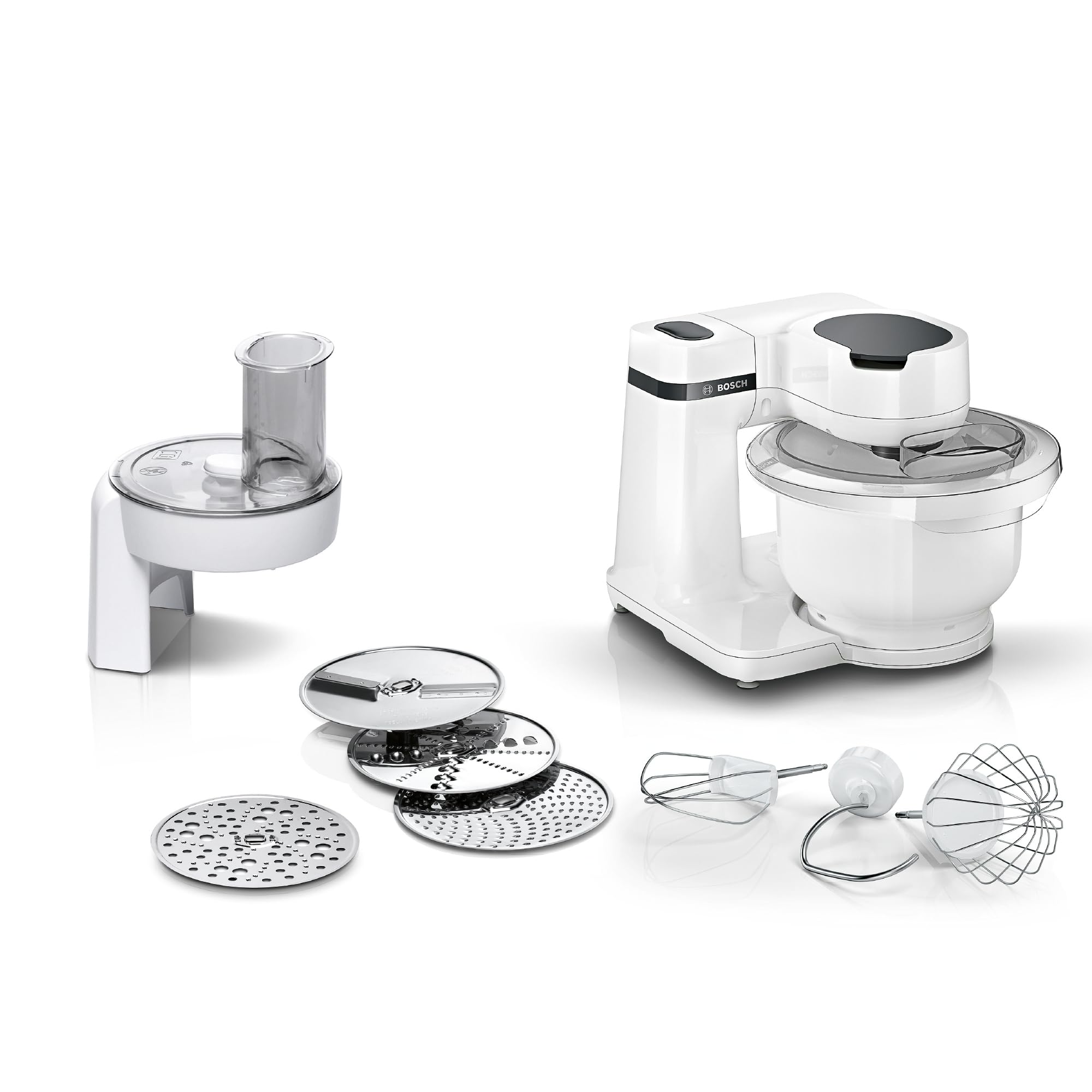 BOSCH Küchenmaschine Serie 2 MUM2SAW01, Kunststoffschüssel, Durchlaufschnitzler, 700 W, 3,8 l Schüssel, Durchlaufschnitzler, 3 Reibescheiben, Patisserieset Edelstahl