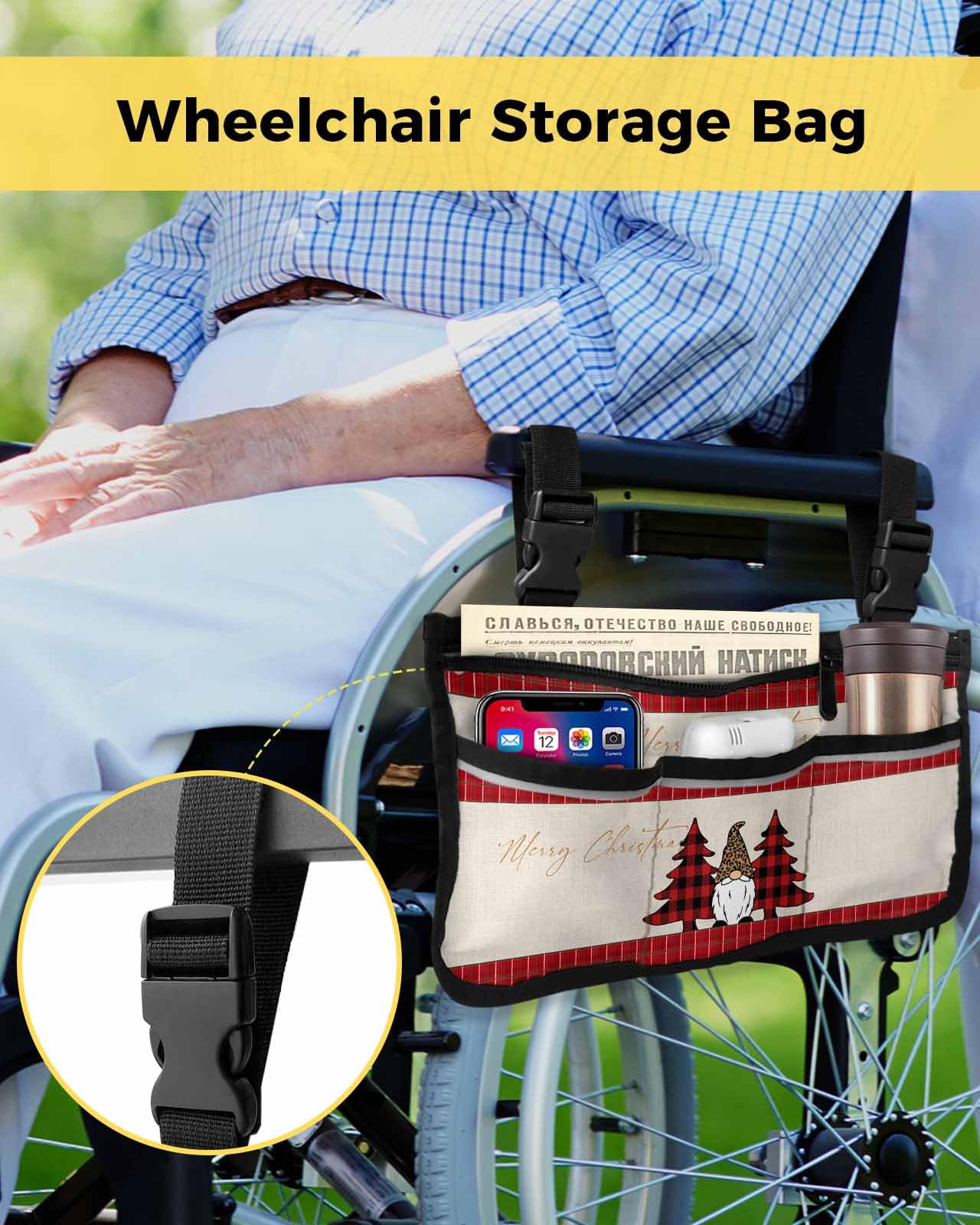 Anzona Merry Christmas Wheelchair Side Bag Walker Bag, Xmas Gnome Red Plaid Trees Burlap Wheelchair Accessories Armrest Pouch, Organizer Storage Bag for Walkers, Rollators, Scooters, 7.3''x13''
